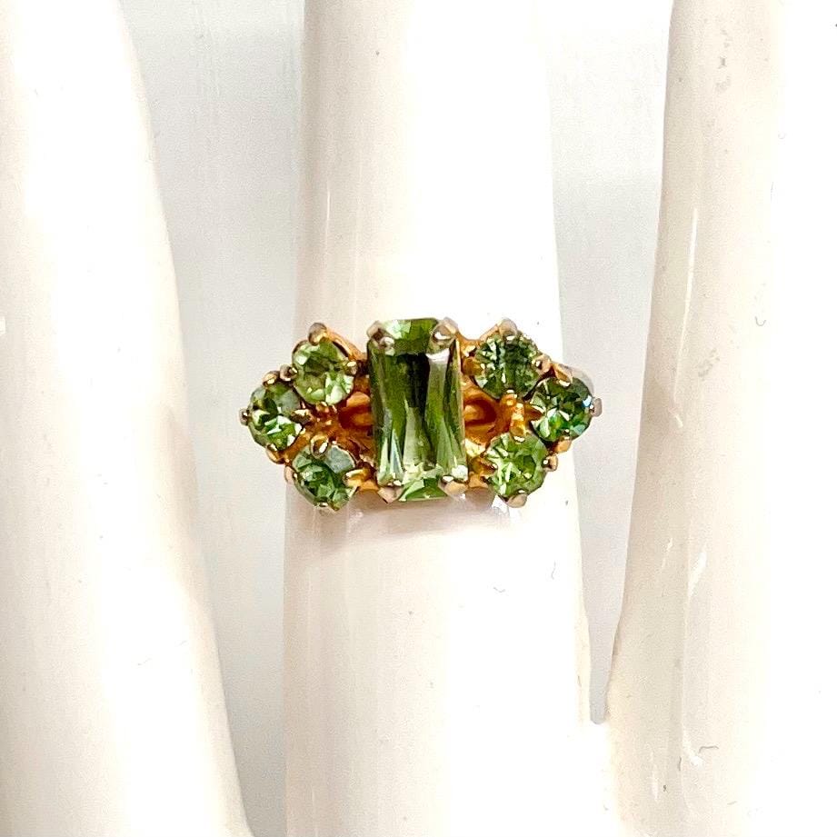 Vintage Uranium Glass Stone Emerald Cut Crystal Dress Ring Silver Tone UV Reactive Adjustable Size MillyOliverVintage