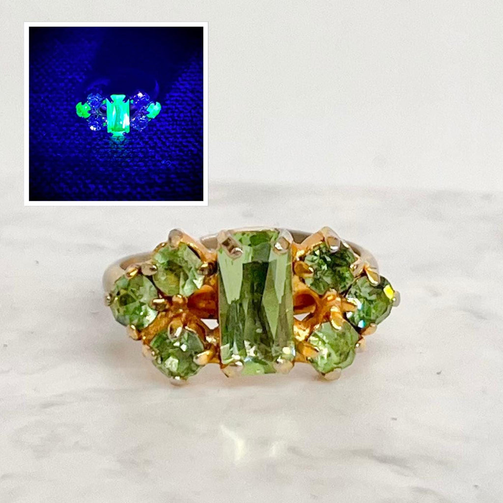 Vintage Uranium Glass Stone Emerald Cut Crystal Dress Ring Silver Tone UV Reactive Adjustable Size MillyOliverVintage