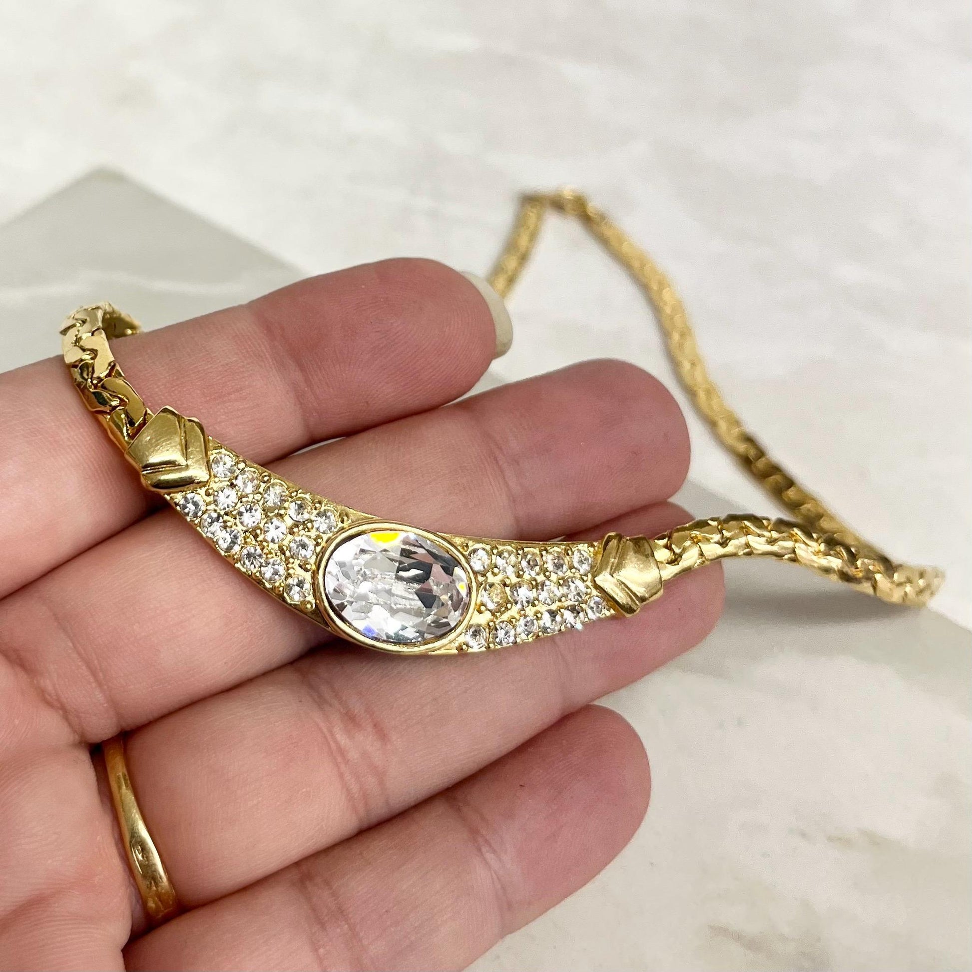 Vintage Diamante Crystal Gold Plate Grecian Style Collar Necklace 16” Long MillyOliverVintage