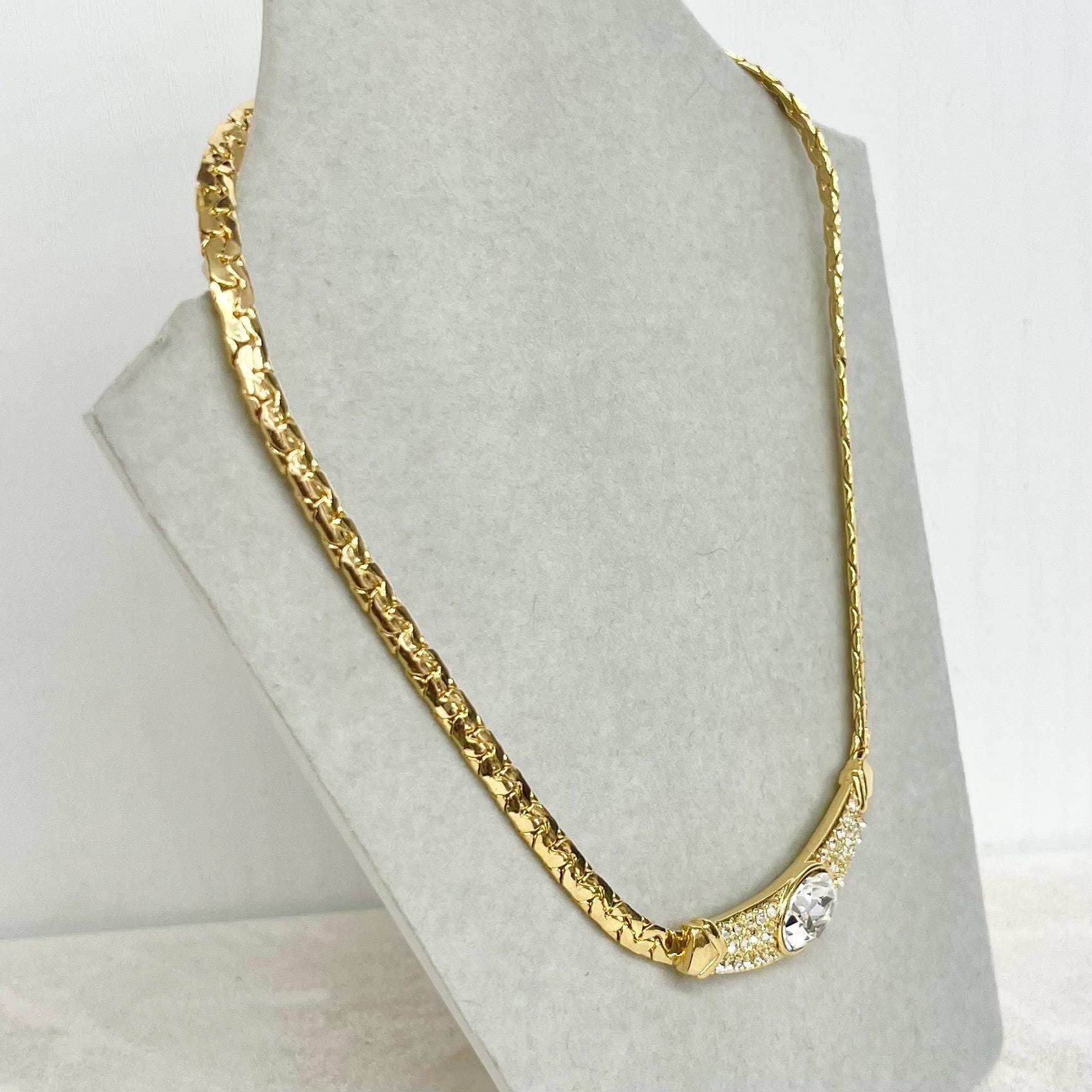 Vintage Diamante Crystal Gold Plate Grecian Style Collar Necklace 16” Long MillyOliverVintage