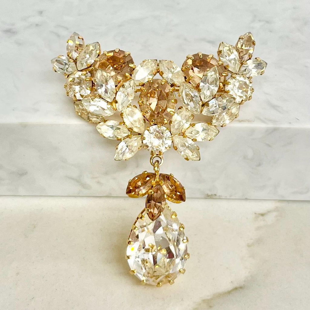 Vintage Gold Tome Champagne & Clear Crystal Tear Drop Statement Brooch Excellent Quality MillyOliverVintage
