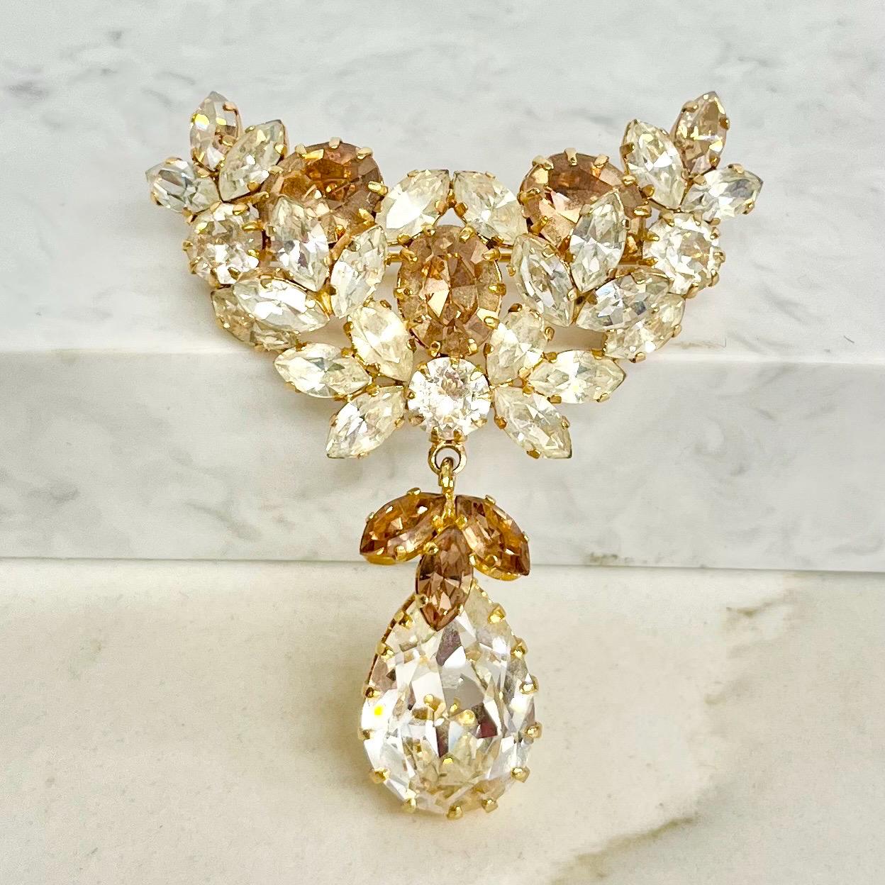 Vintage Gold Tome Champagne & Clear Crystal Tear Drop Statement Brooch Excellent Quality MillyOliverVintage