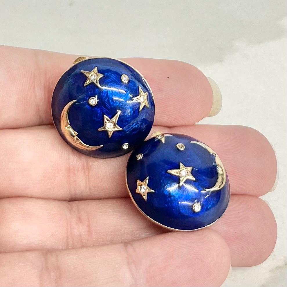 Vintage Blue Enamel Round Shaped Clip On Earrings Gold Plated with Celestial Moon and Star Details MillyOliverVintage
