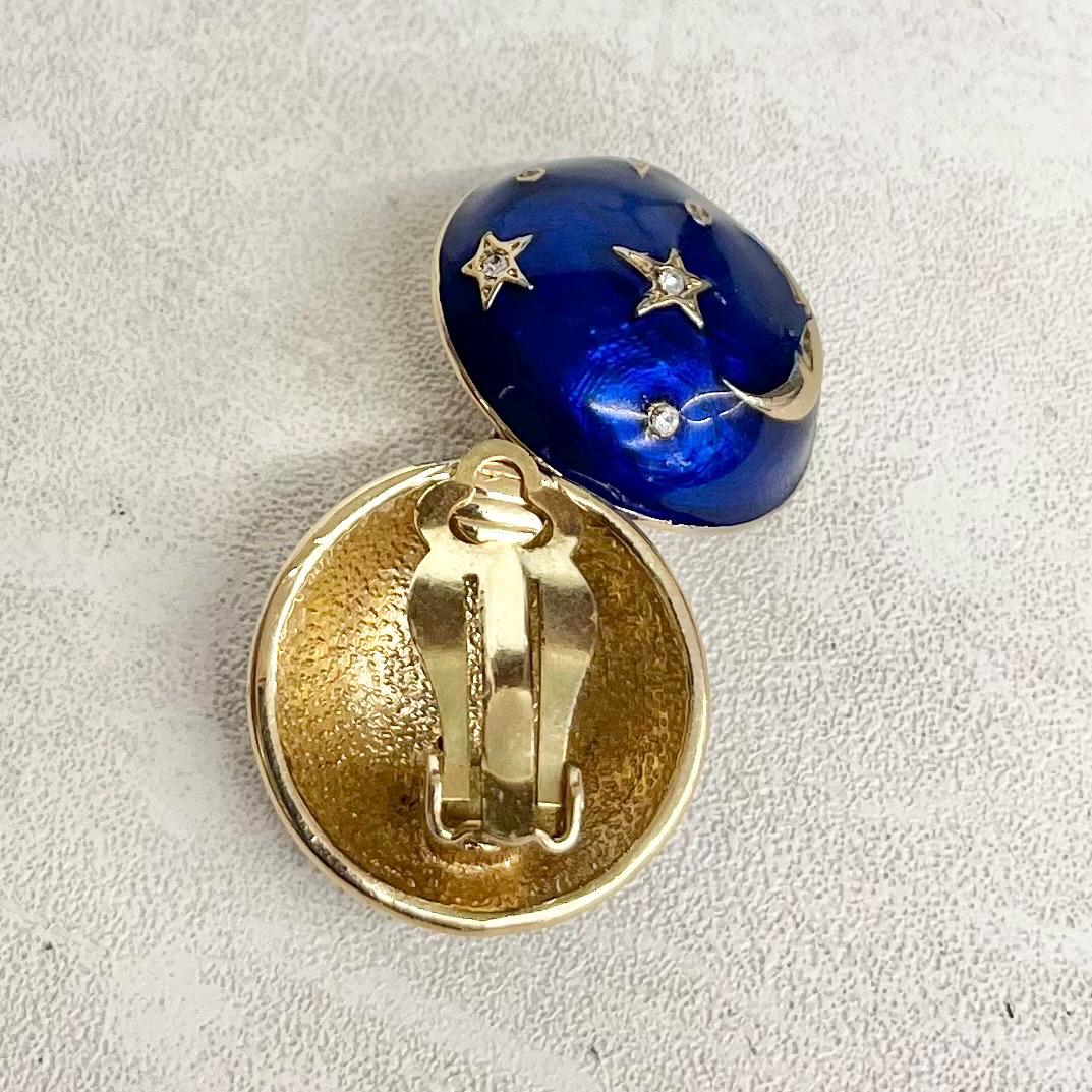 Vintage Blue Enamel Round Shaped Clip On Earrings Gold Plated with Celestial Moon and Star Details MillyOliverVintage