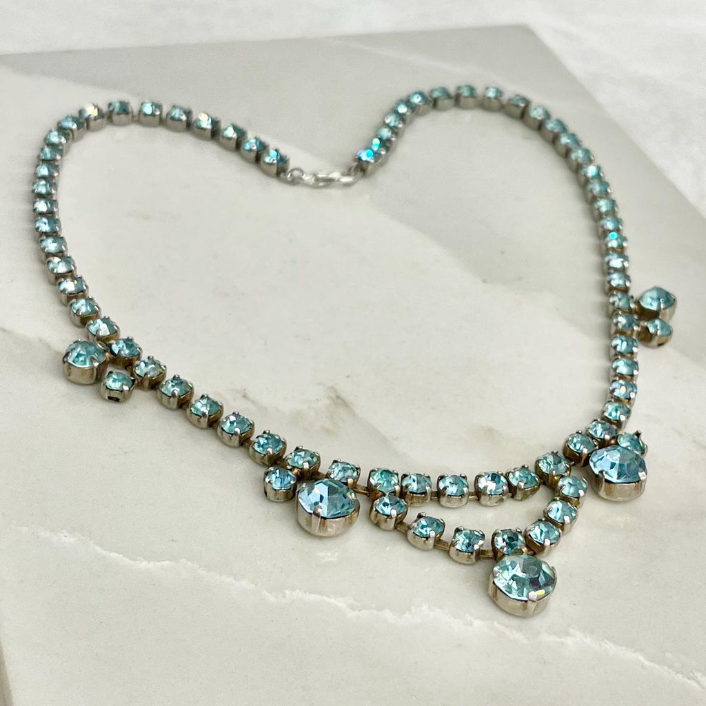 Vintage Aquamarine Blue Crystal Drop Diamante Paste Necklace : Perfect for Brides or Party Wear MillyOliverVintage
