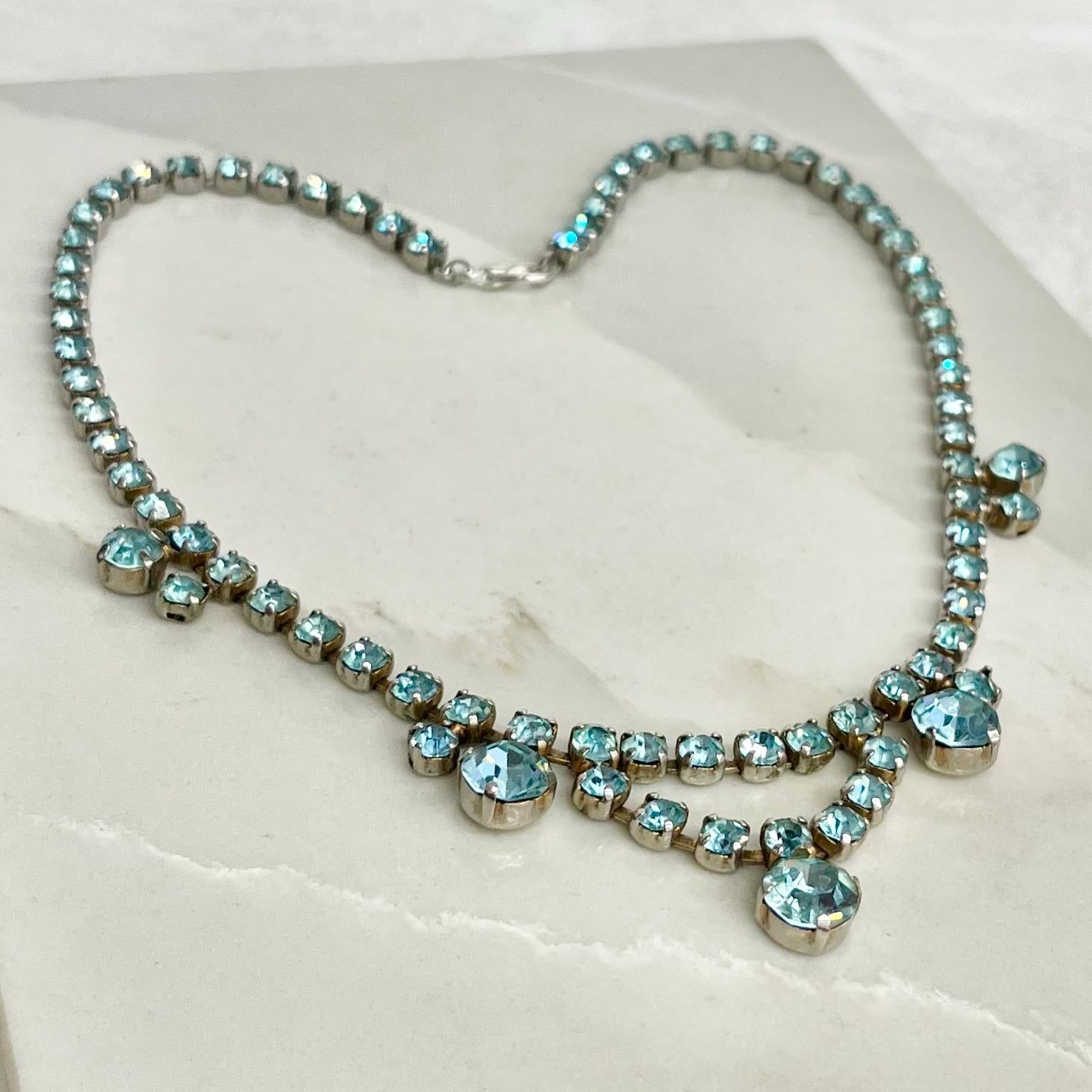 Vintage Aquamarine Blue Crystal Drop Diamante Paste Necklace : Perfect for Brides or Party Wear MillyOliverVintage