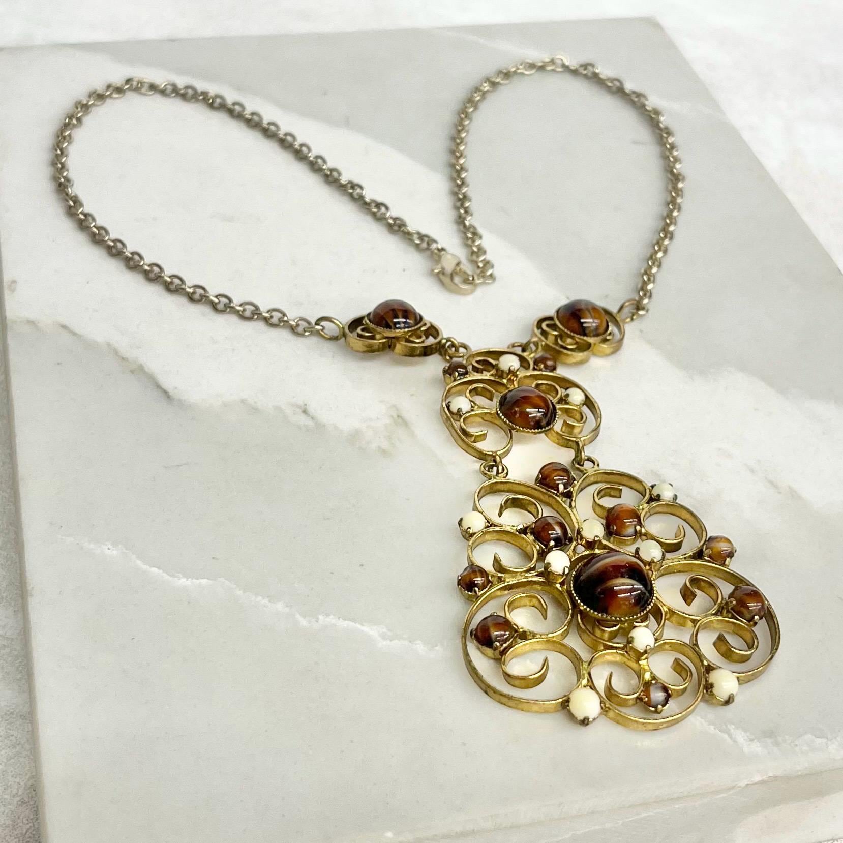 Vintage 1960s Gold Tone Czech Glass Pendant Necklace in a Large Openwork Filigree Design : Statement Jewellery MillyOliverVintage