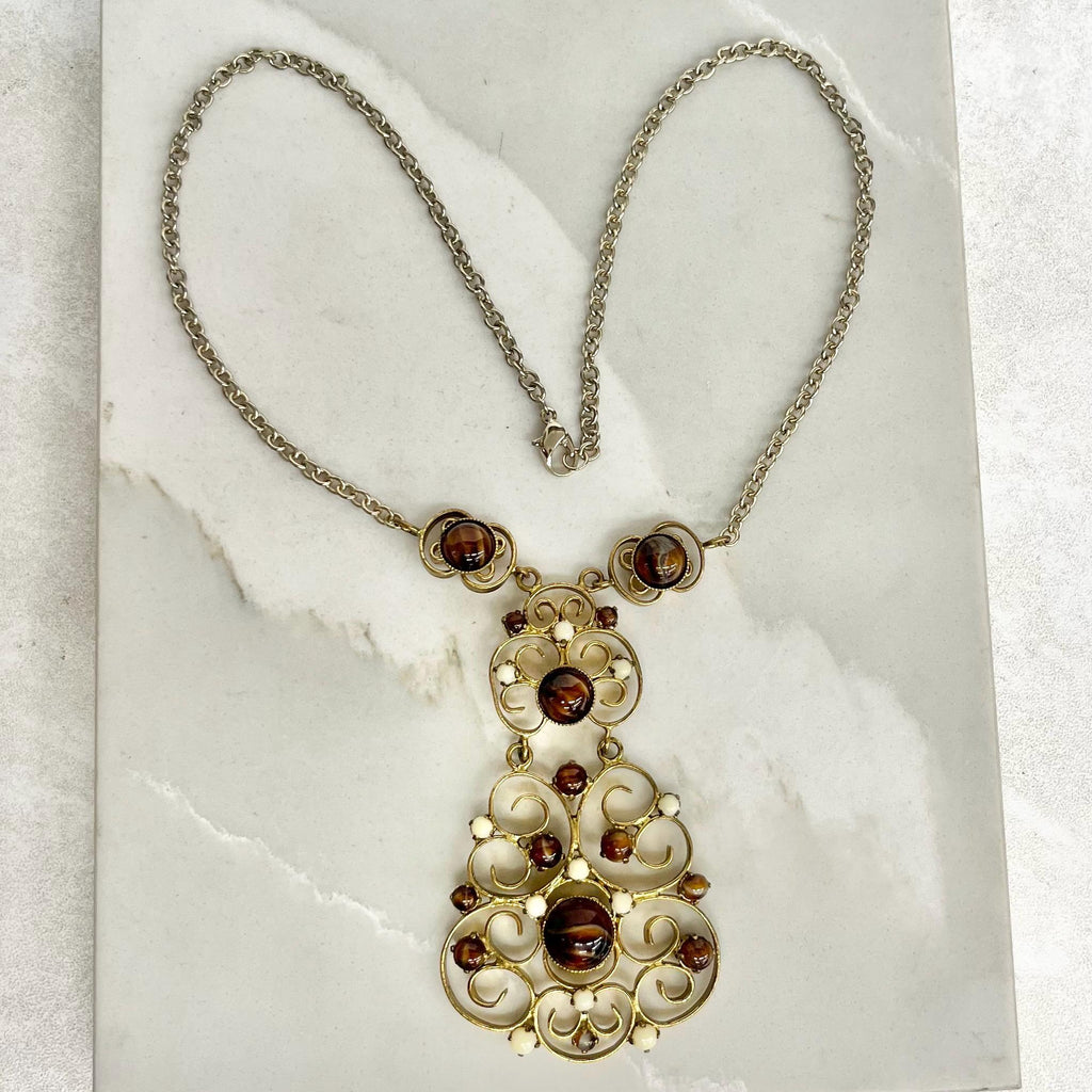 Vintage 1960s Gold Tone Czech Glass Pendant Necklace in a Large Openwork Filigree Design : Statement Jewellery MillyOliverVintage
