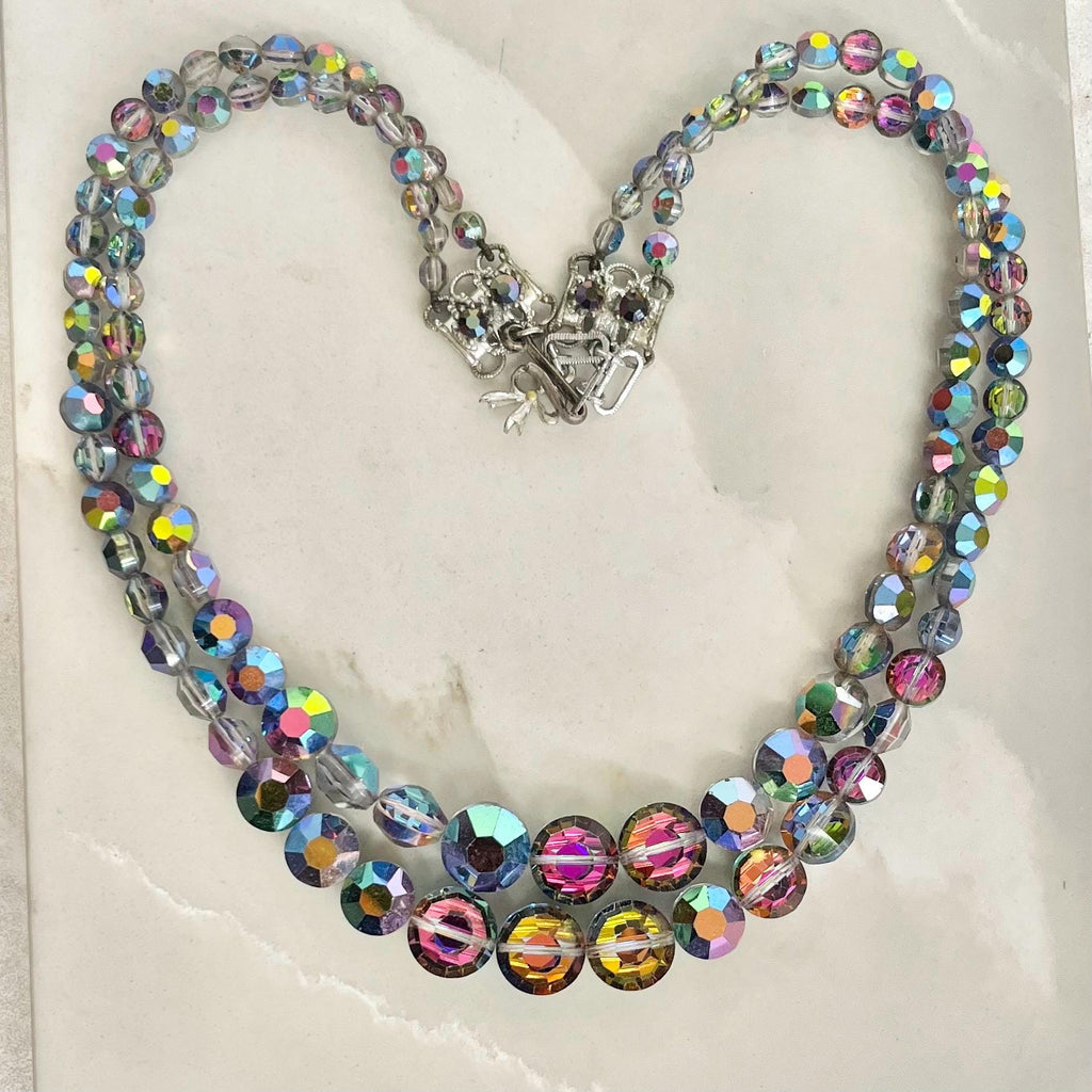 Vintage 1940’s Two Strand Rainbow Iris Aurora Borealis Bead Necklace : Waterfall Style with an Ornate Crystal Clasp by Exquisite MillyOliverVintage