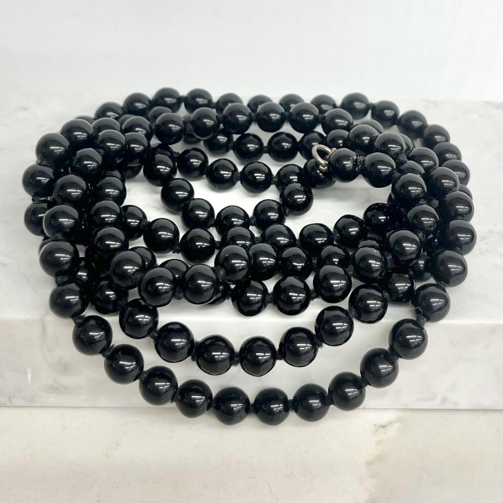Vintage Black Agate Bead Necklace Handcrafted Hand Knotted 48” Long MillyOliverVintage