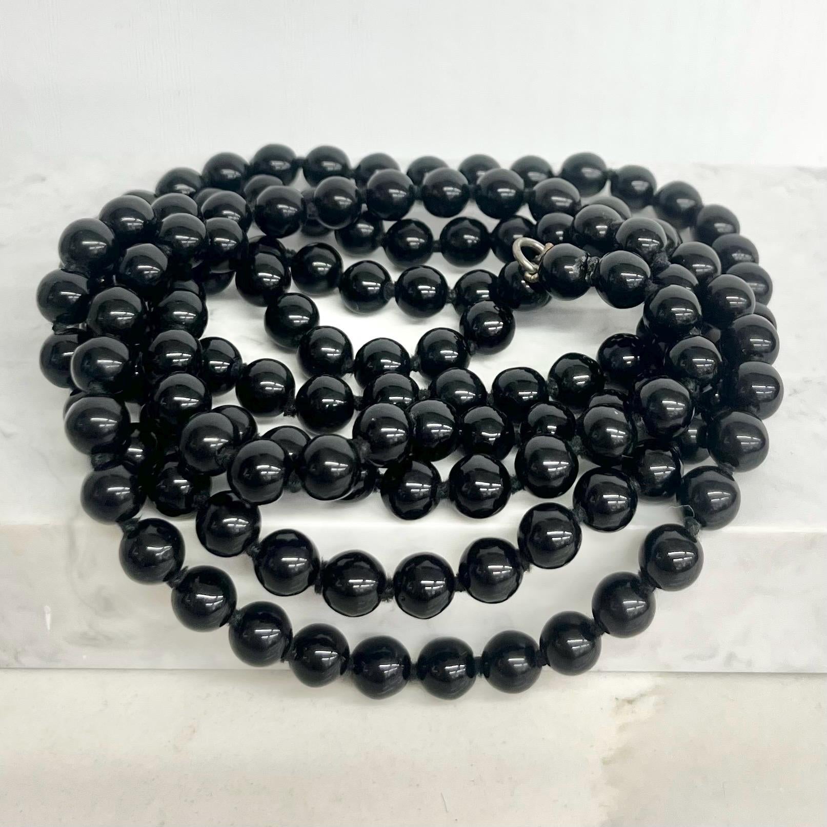 Vintage Black Agate Bead Necklace Handcrafted Hand Knotted 48” Long MillyOliverVintage