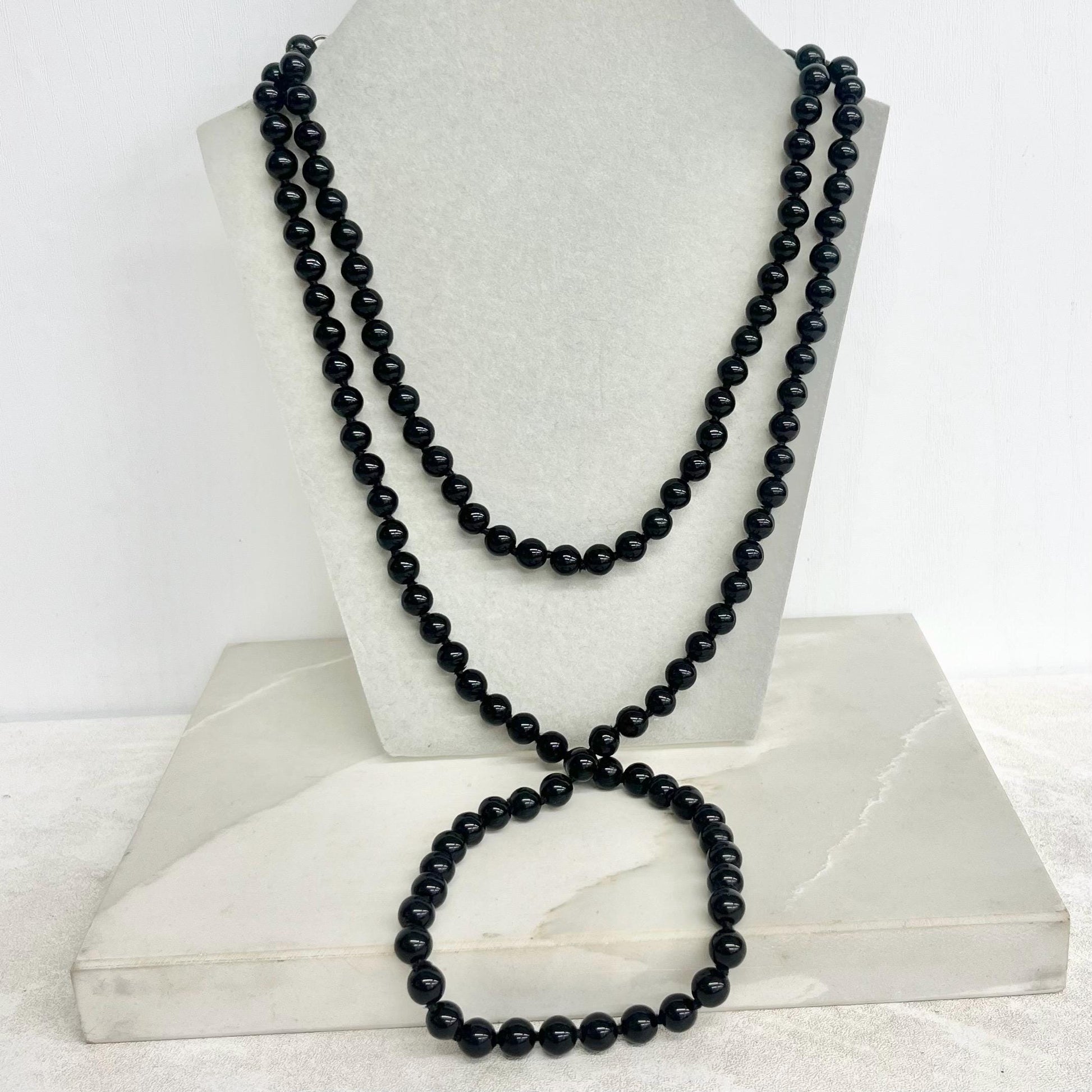 Vintage Black Agate Bead Necklace Handcrafted Hand Knotted 48” Long MillyOliverVintage