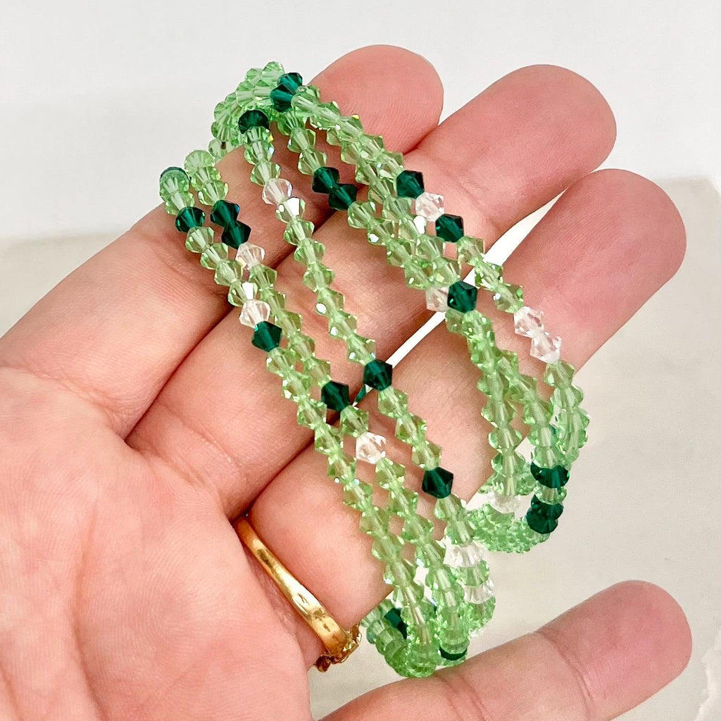 Vintage Green Uranium Glass Crystal Bicone Bead Necklace UV Reactive Glow 46” Long MillyOliverVintage