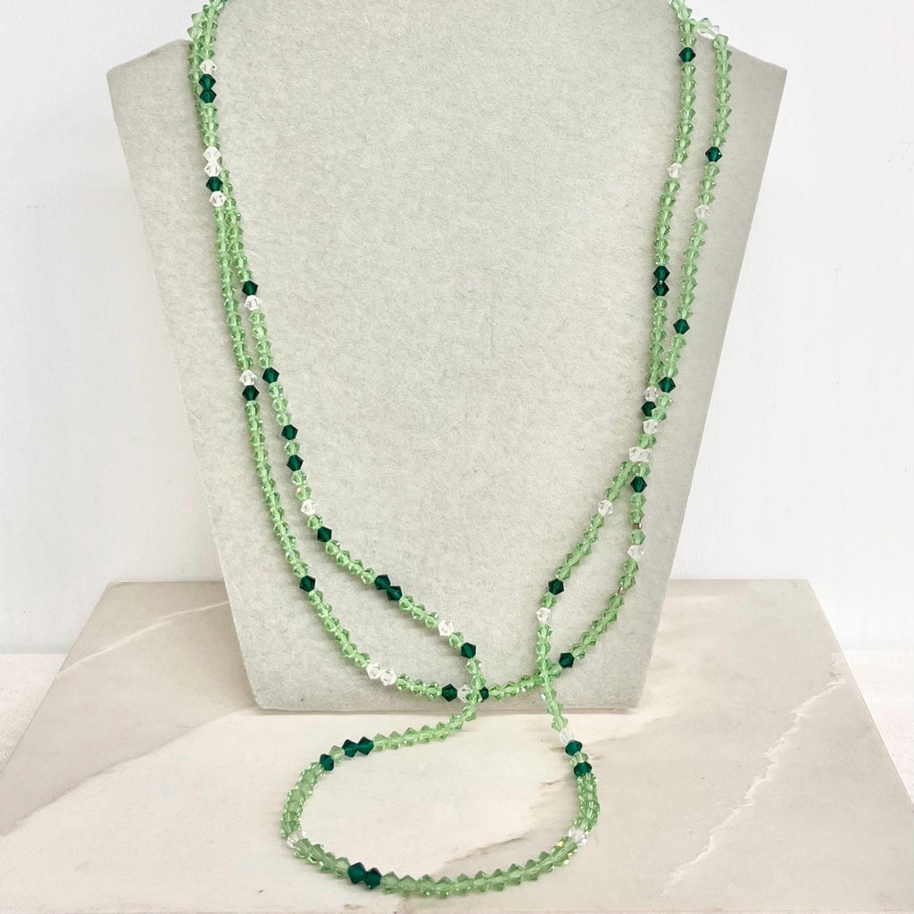 Vintage Green Uranium Glass Crystal Bicone Bead Necklace UV Reactive Glow 46” Long MillyOliverVintage