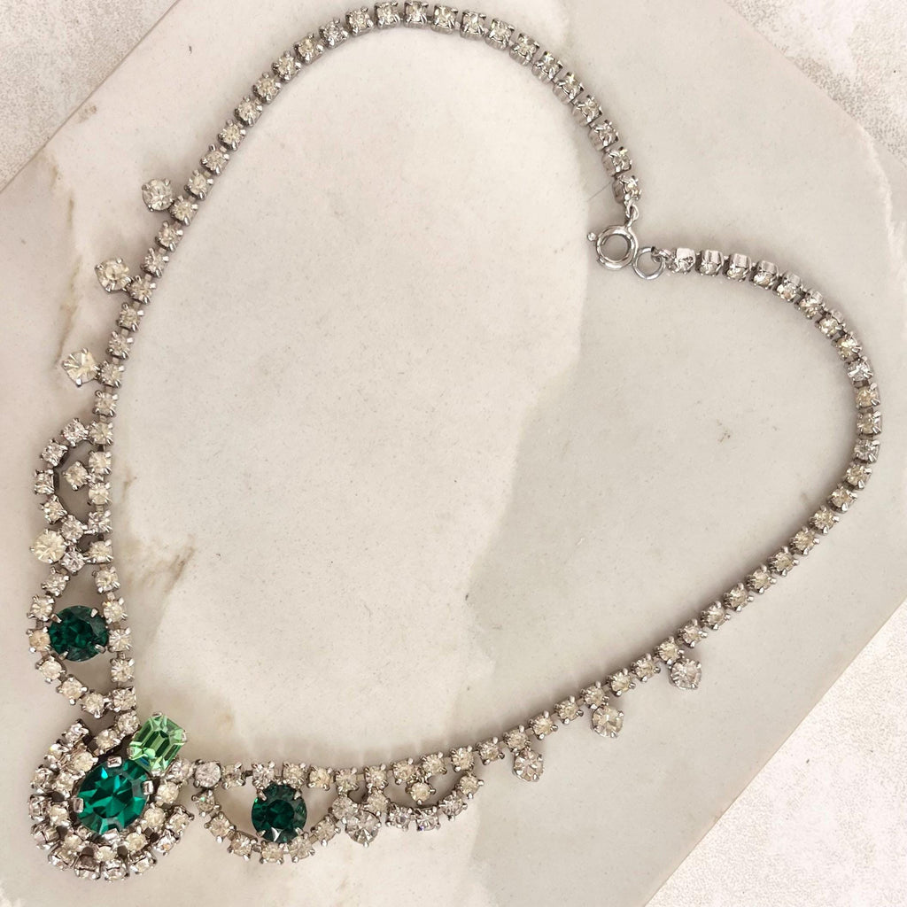 Vintage Regal Clear & Green Uranium Glass Crystal Drop Necklace Silver Tone Metal UV Reactive Glow MillyOliverVintage