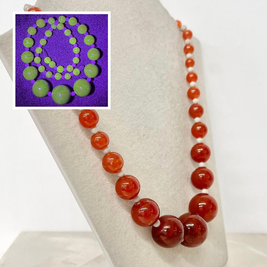 Vintage Carnelian Glass Uranium Graduated Bead Necklace Orange Bright Green UV Reactive Glow 1940’s MillyOliverVintage