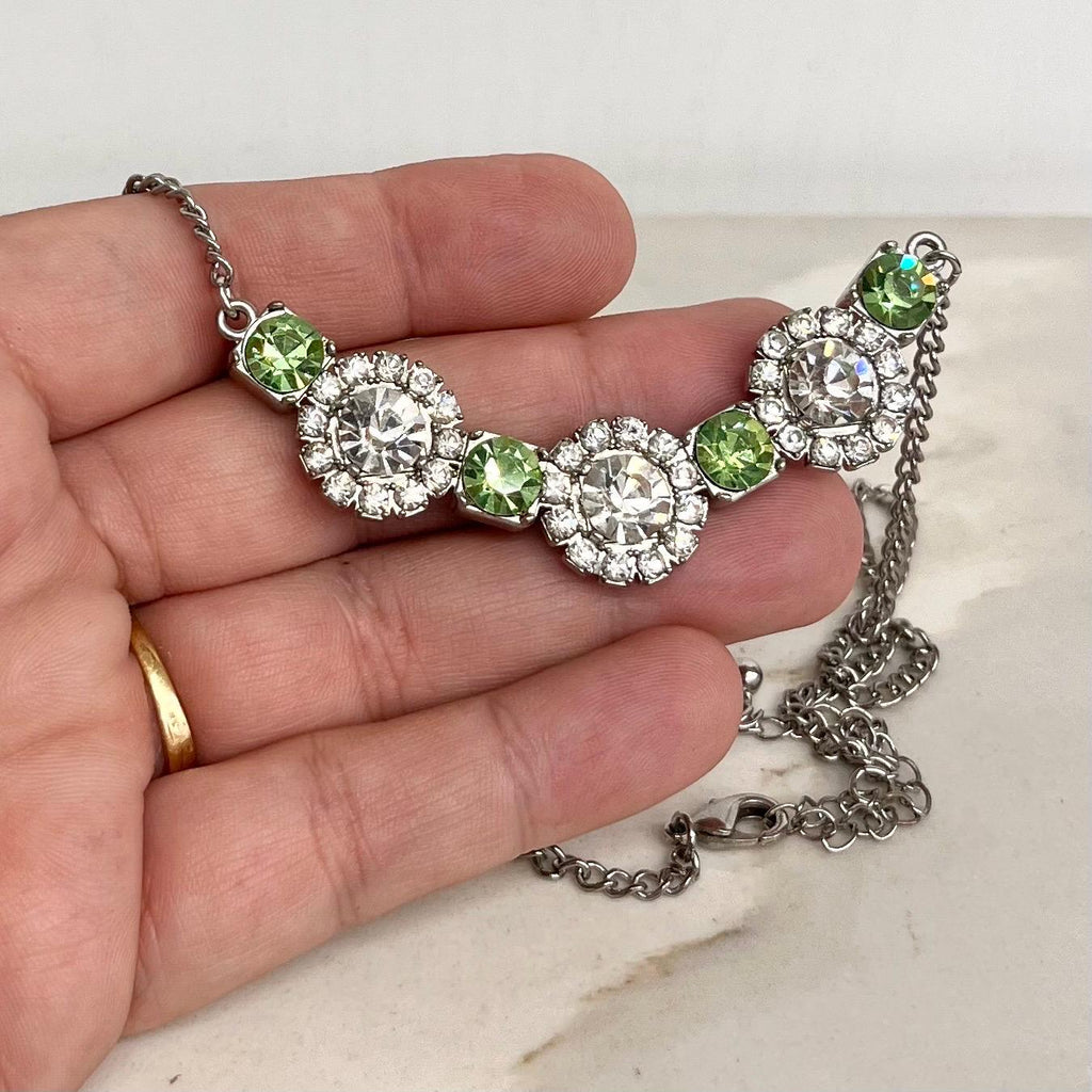 Vintage Clear & Green Uranium Glass Crystal Flower Necklace Silver Tone Metal UV Reactive Glow MillyOliverVintage