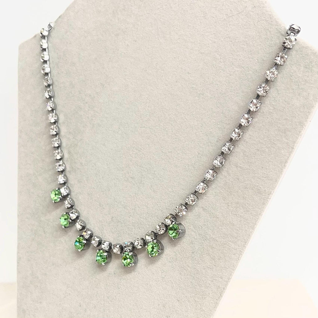 Vintage Clear & Green Uranium Glass Crystal Droplet Necklace Silver Tone Metal UV Reactive Glow MillyOliverVintage