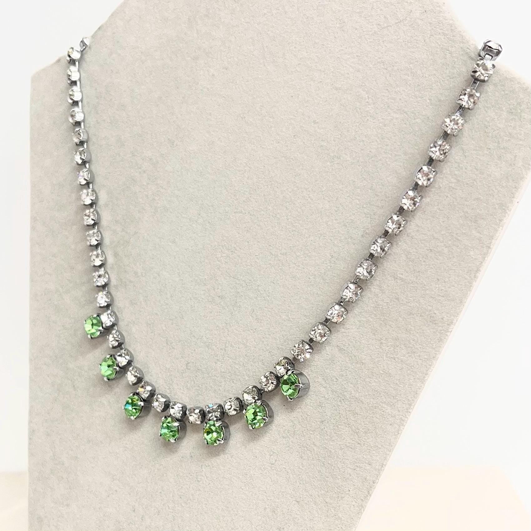 Vintage Clear & Green Uranium Glass Crystal Droplet Necklace Silver Tone Metal UV Reactive Glow MillyOliverVintage