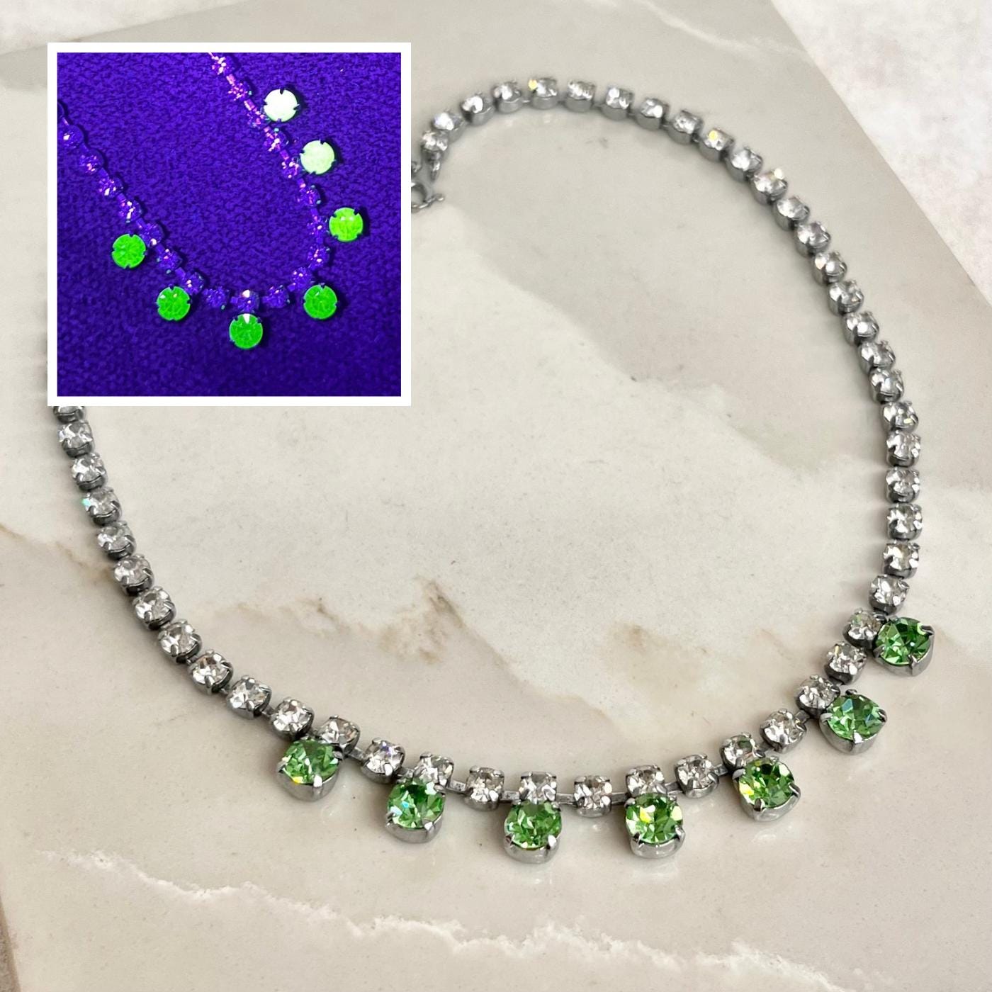 Vintage Clear & Green Uranium Glass Crystal Droplet Necklace Silver Tone Metal UV Reactive Glow MillyOliverVintage