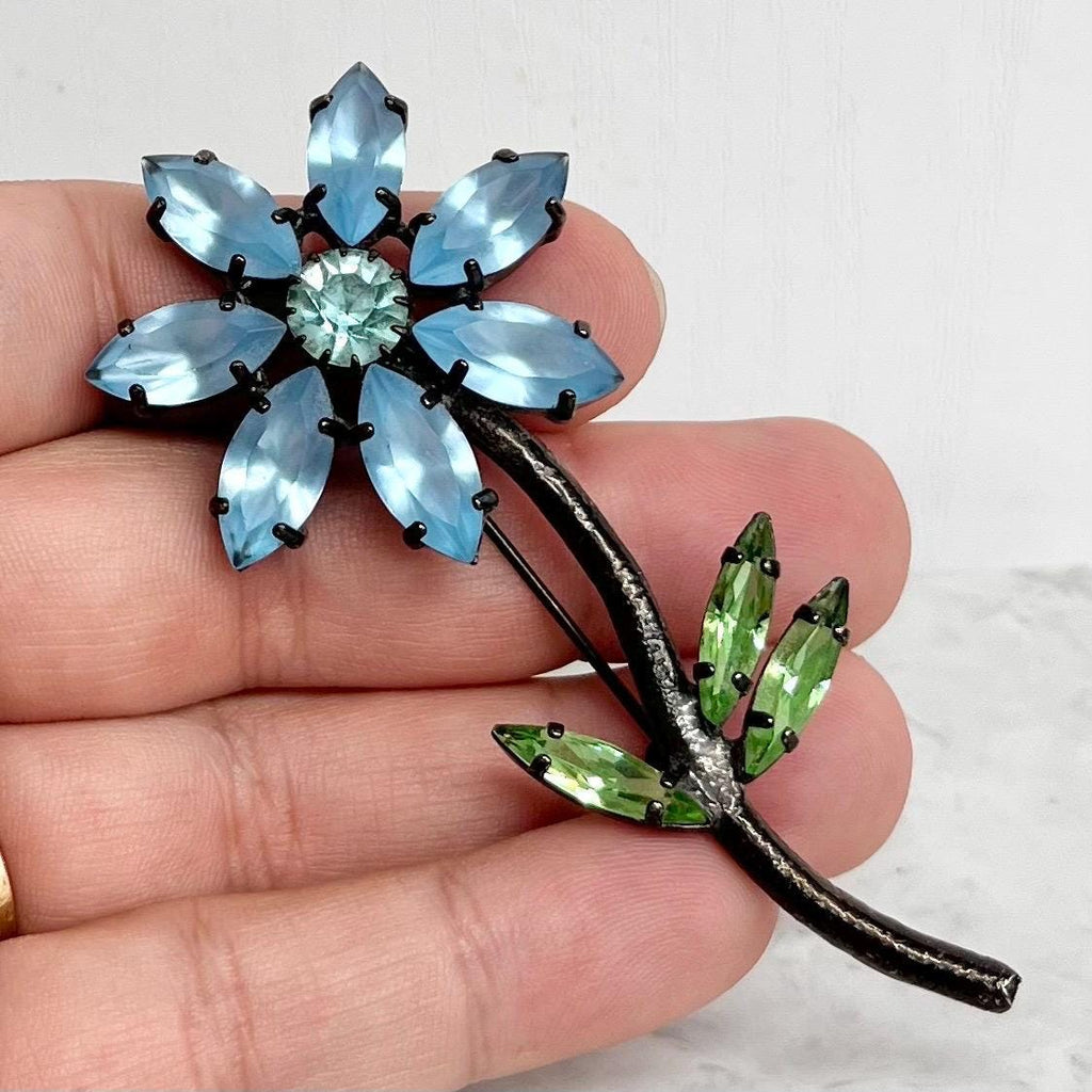 Vintage Blue & Green Uranium Crystal Daisy Brooch Black Nickel Tone UV Reactive Rhinestone Jewellery MillyOliverVintage