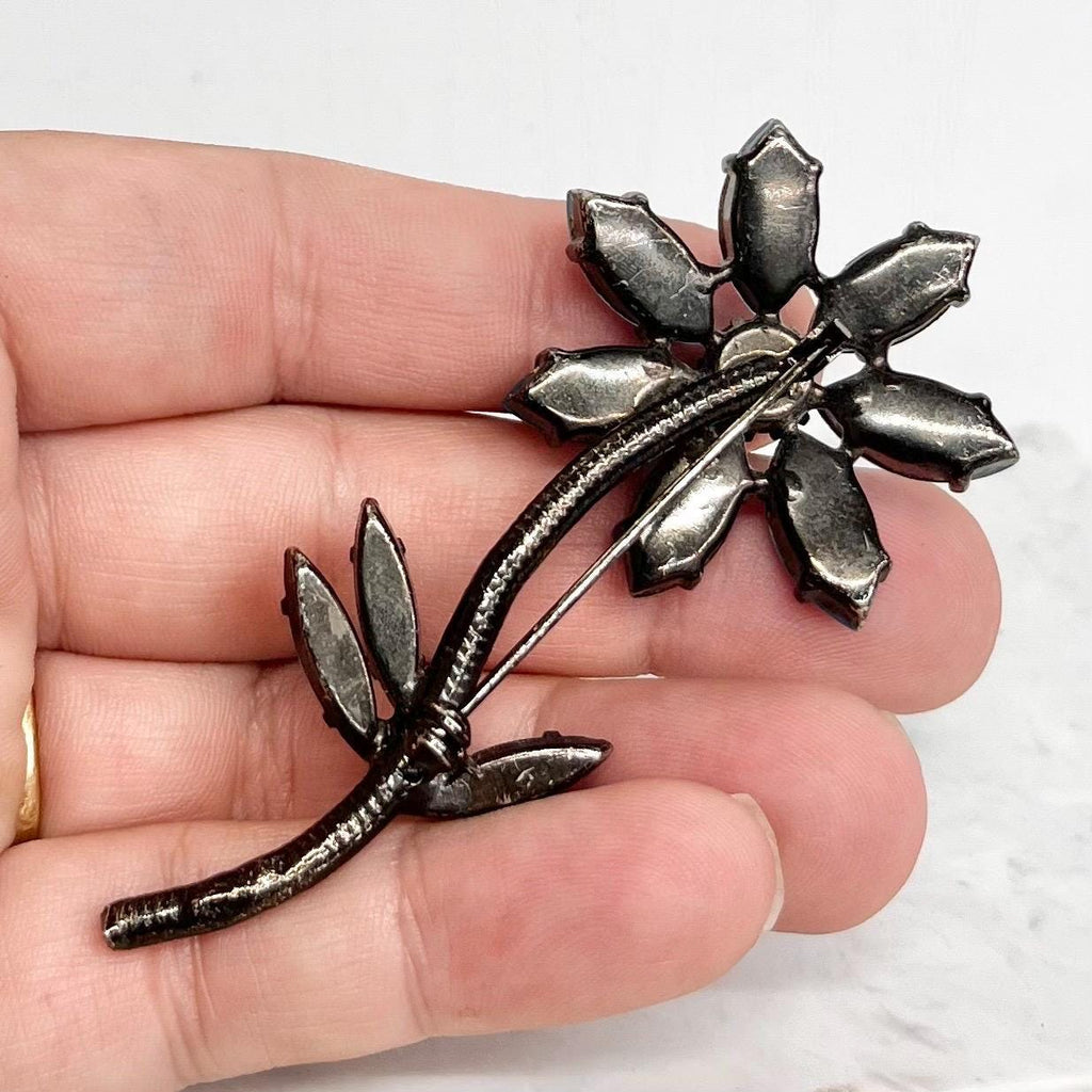 Vintage Blue & Green Uranium Crystal Daisy Brooch Black Nickel Tone UV Reactive Rhinestone Jewellery MillyOliverVintage