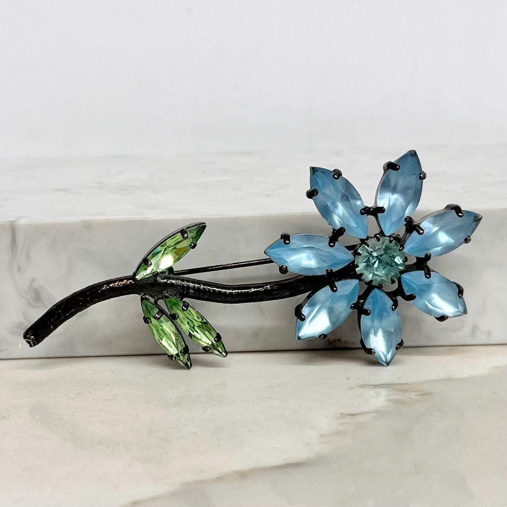 Vintage Blue & Green Uranium Crystal Daisy Brooch Black Nickel Tone UV Reactive Rhinestone Jewellery MillyOliverVintage