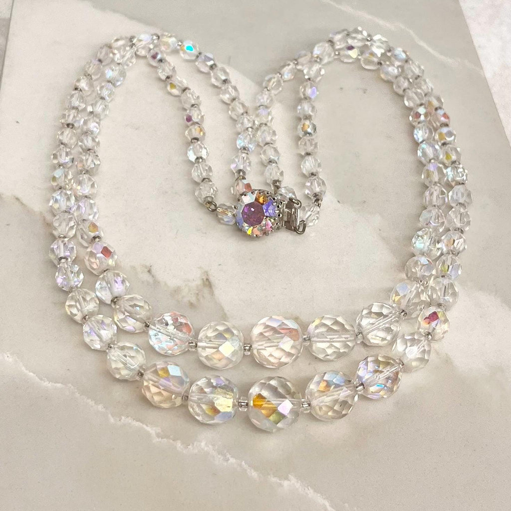 Vintage 1960’s Two Strand Crystal Bead Necklace Aurora Borealis Draped Waterfall Design with a Crystal Clasp MillyOliverVintage