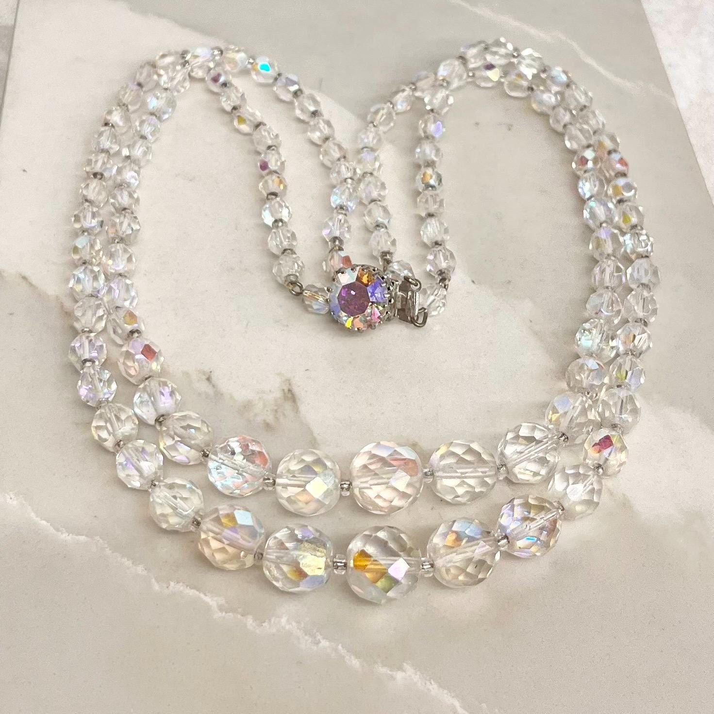 Vintage 1960’s Two Strand Crystal Bead Necklace Aurora Borealis Draped Waterfall Design with a Crystal Clasp MillyOliverVintage