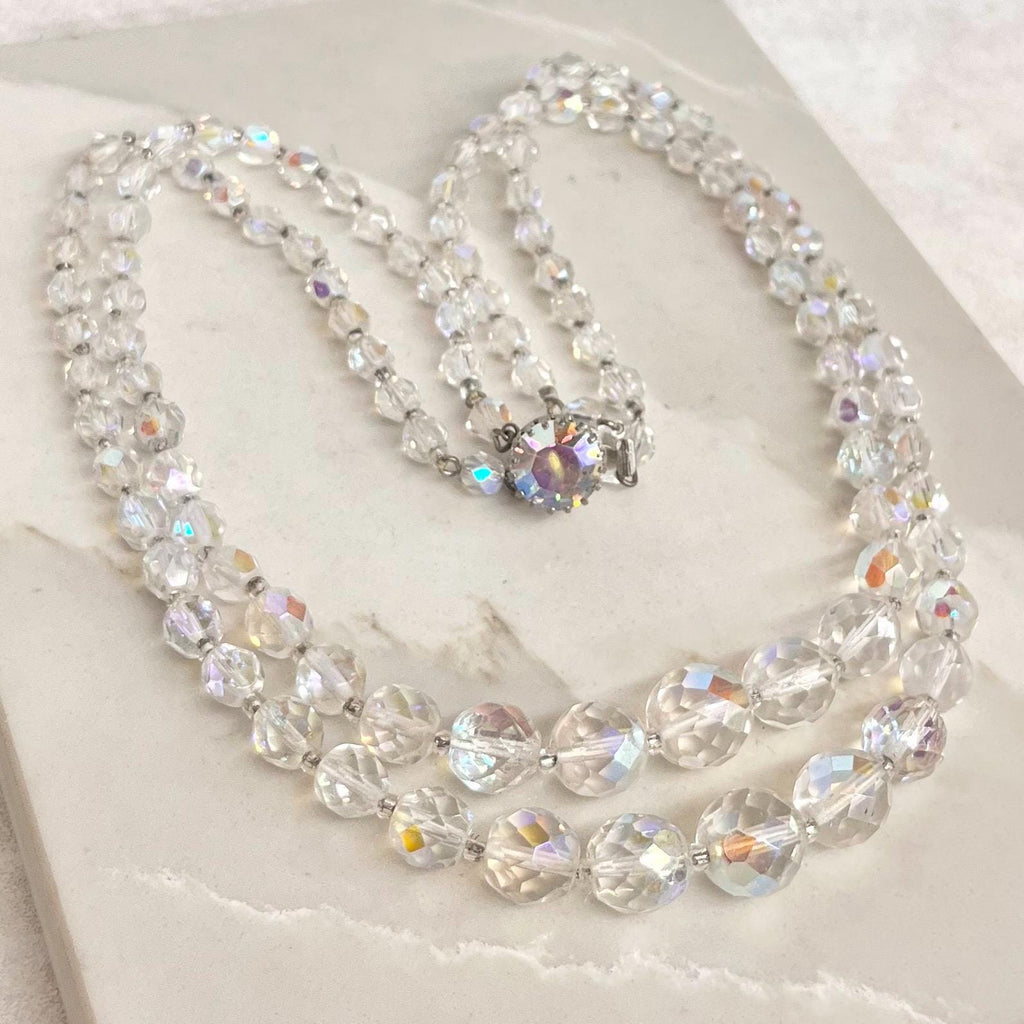 Vintage 1960’s Two Strand Crystal Bead Necklace Aurora Borealis Draped Waterfall Design with a Crystal Clasp MillyOliverVintage