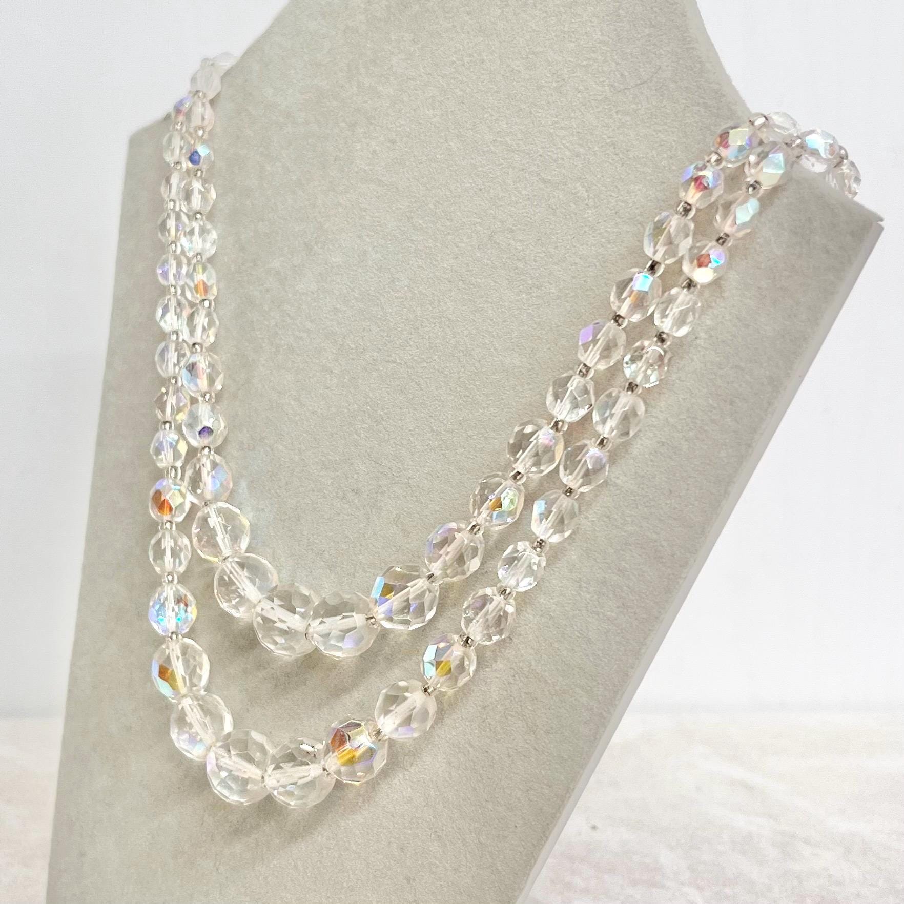 Vintage 1960’s Two Strand Crystal Bead Necklace Aurora Borealis Draped Waterfall Design with a Crystal Clasp MillyOliverVintage