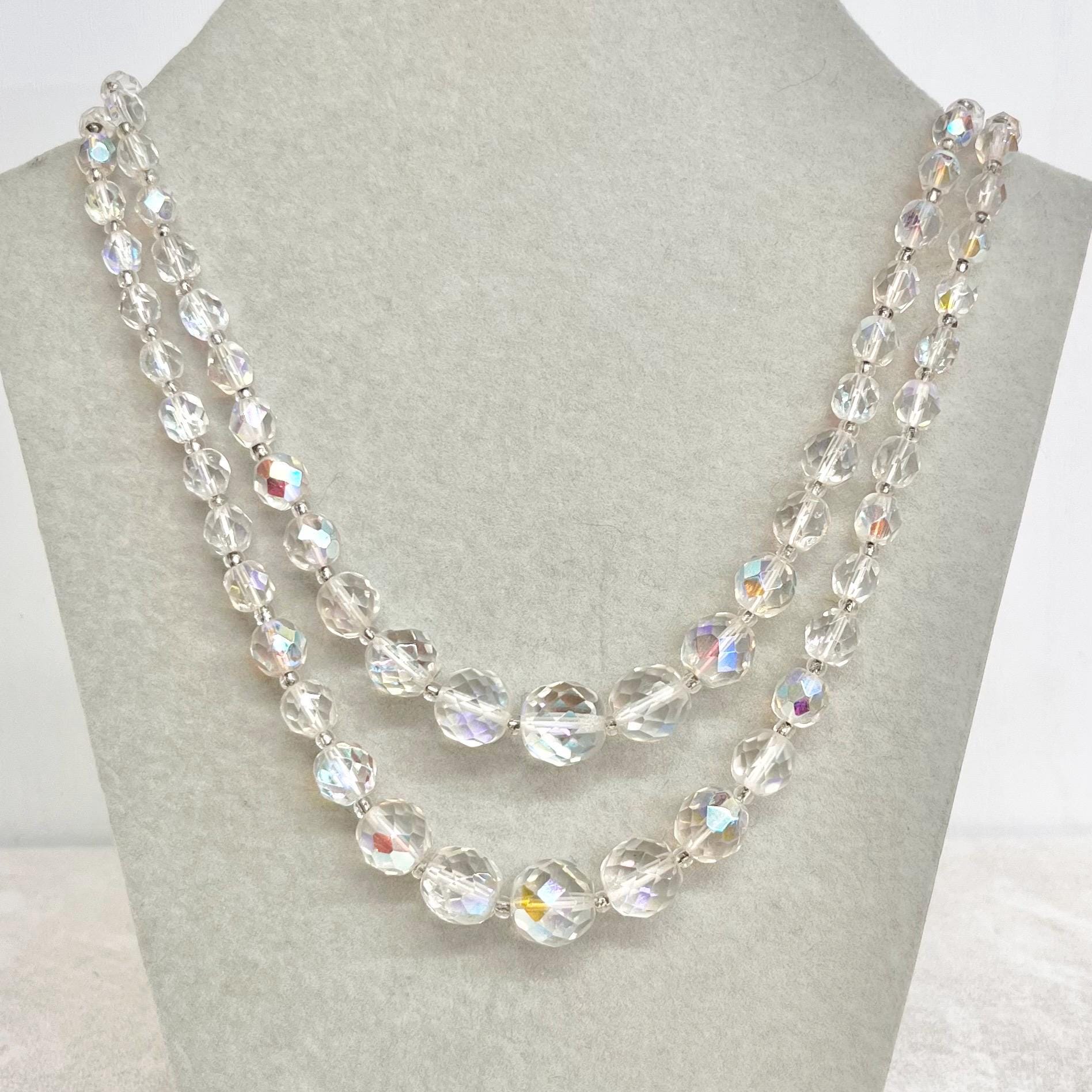 Vintage 1960’s Two Strand Crystal Bead Necklace Aurora Borealis Draped Waterfall Design with a Crystal Clasp MillyOliverVintage