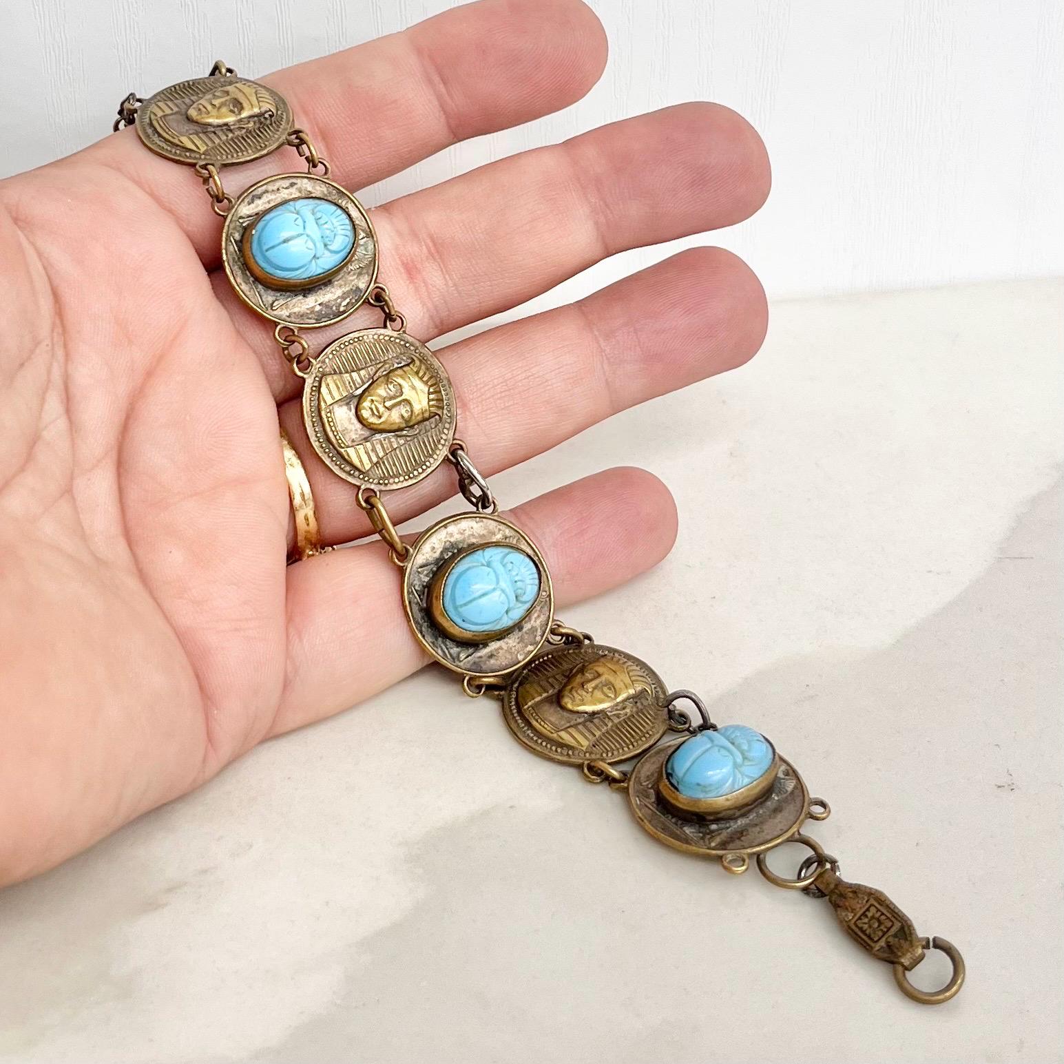 Vintage Egyptian Revival Brass Bracelet with Blue Scarab Stone and Tutankhamun Details MillyOliverVintage