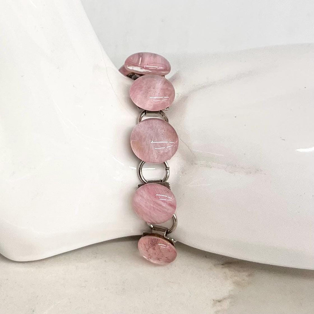 Vintage Pink Glass Cabochon Silver Tone Bracelet 1970’s Modernist Jewellery 7.25” Long MillyOliverVintage