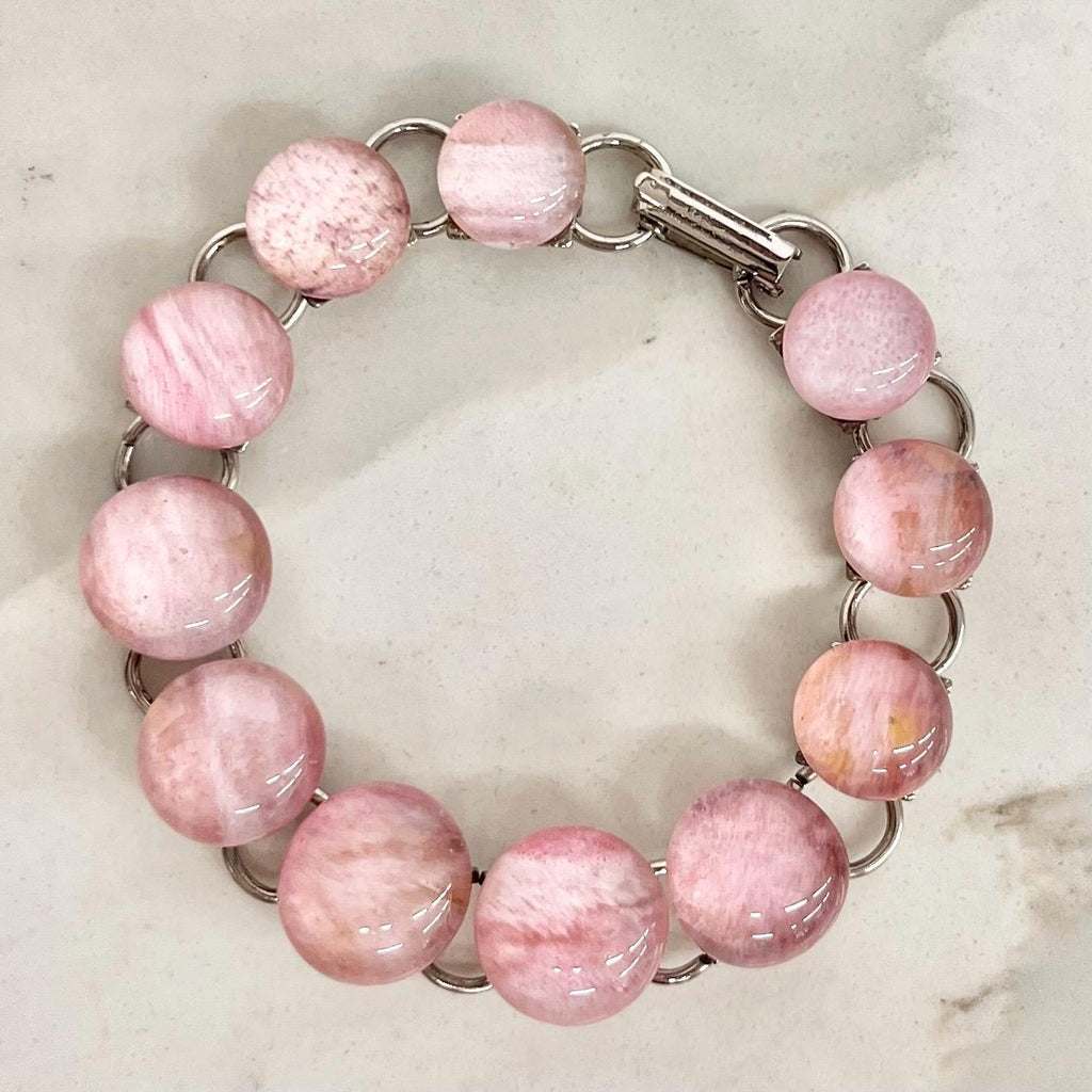 Vintage Pink Glass Cabochon Silver Tone Bracelet 1970’s Modernist Jewellery 7.25” Long MillyOliverVintage