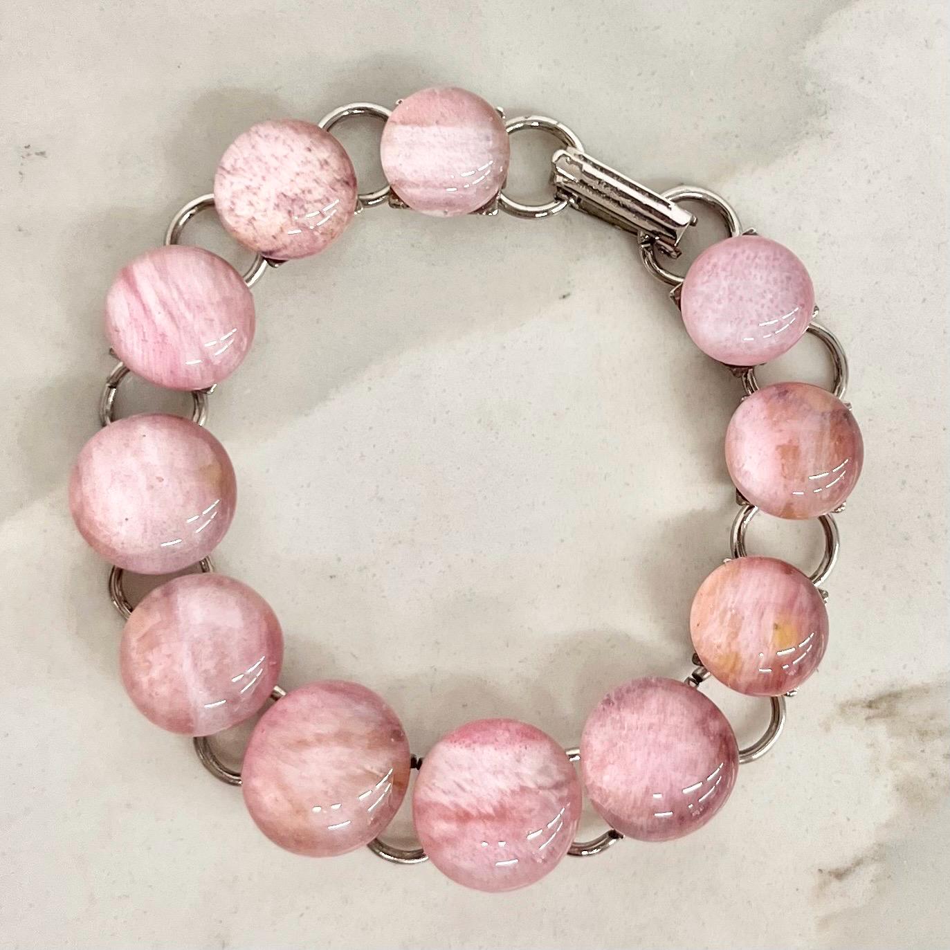 Vintage Pink Glass Cabochon Silver Tone Bracelet 1970’s Modernist Jewellery 7.25” Long MillyOliverVintage