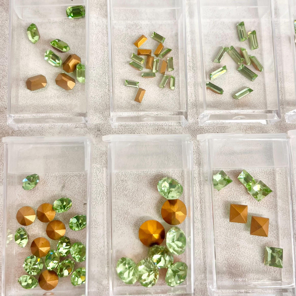 Pack of 204 Rare Green Uranium Glass Crystal Chatons 12 Different Shapes & Sizes Emerald Round Baguette Square in Handy Containers MillyOliverVintage