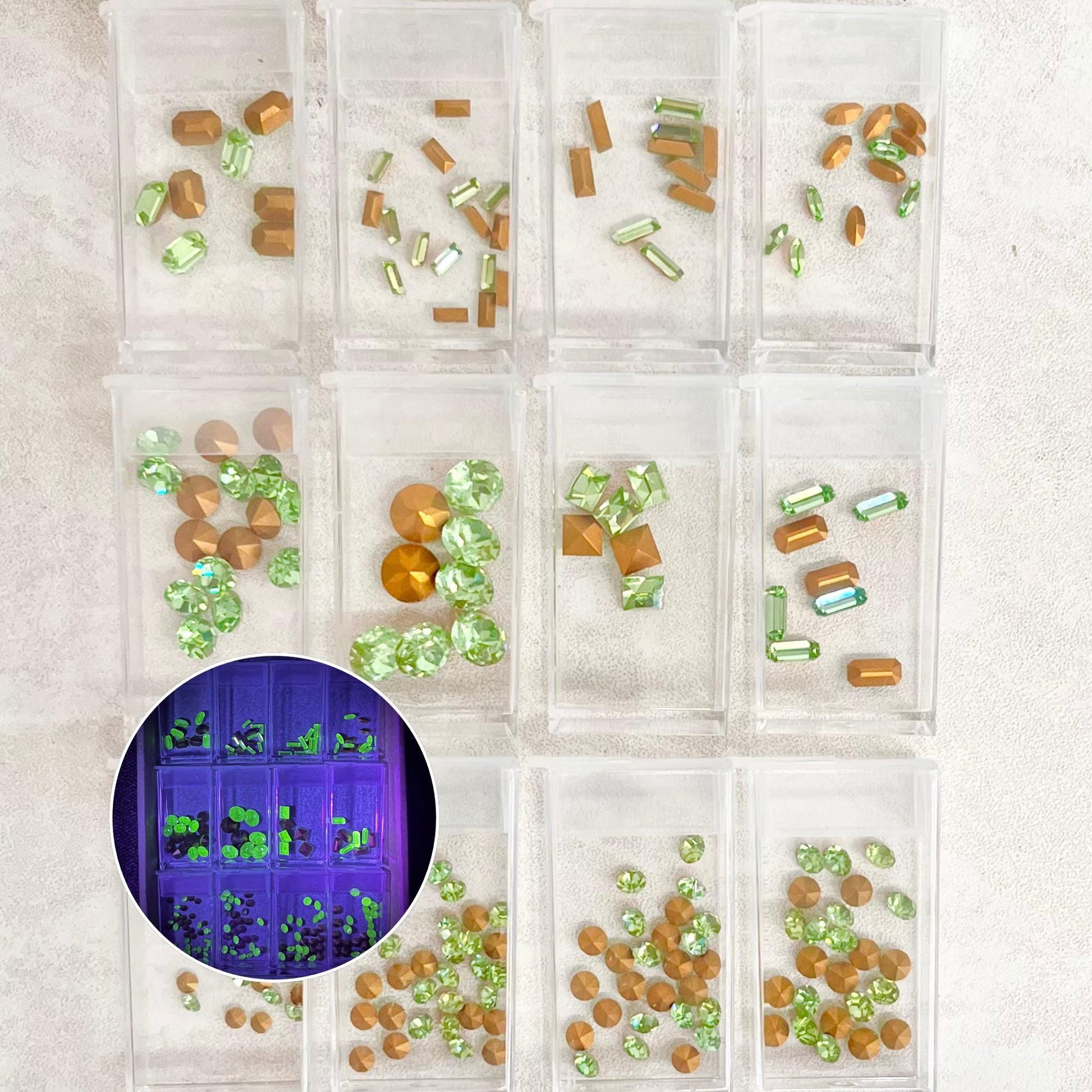 Pack of 204 Rare Green Uranium Glass Crystal Chatons 12 Different Shapes & Sizes Emerald Round Baguette Square in Handy Containers MillyOliverVintage