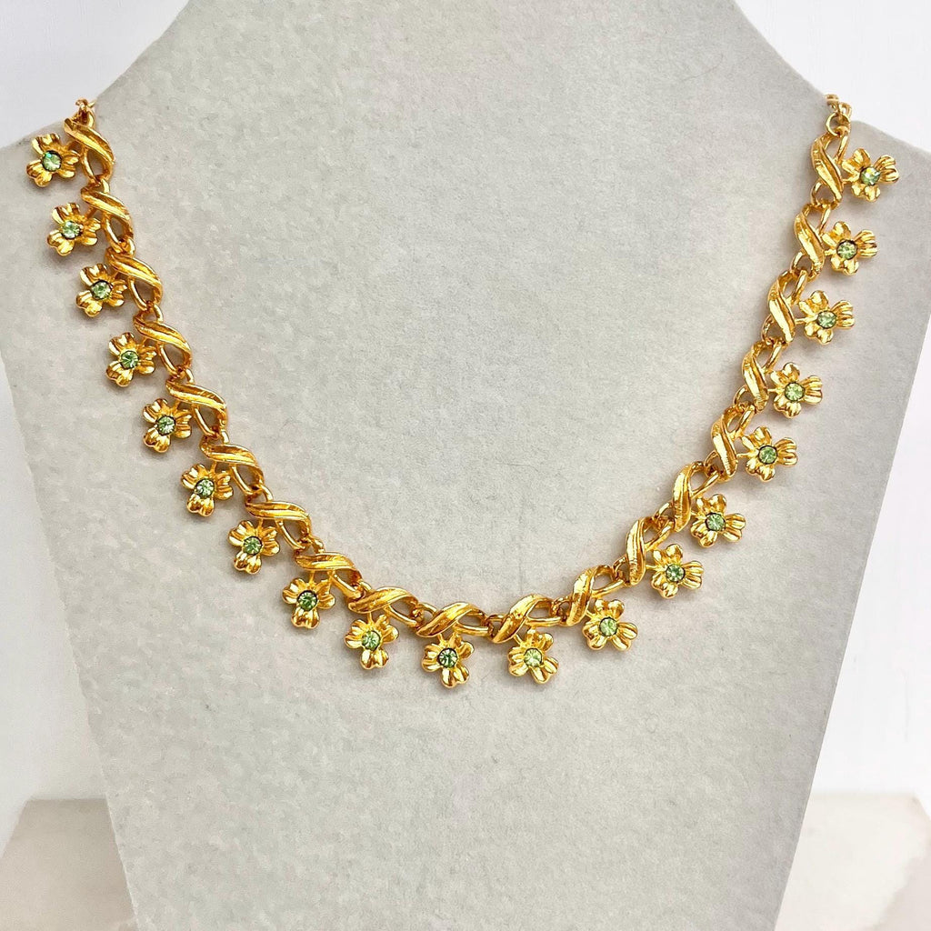 Vintage Green Uranium Glass Crystal Clover Necklace Gold Tone Metal UV Reactive Glow MillyOliverVintage