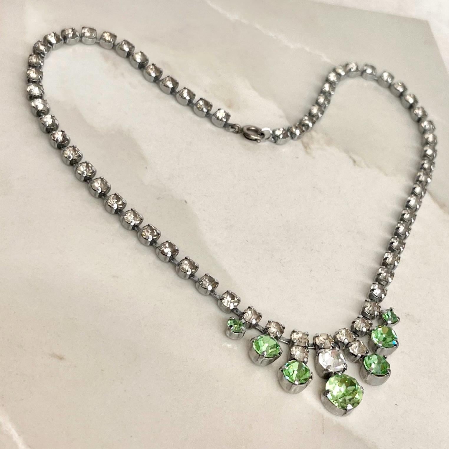 Vintage Clear & Green Uranium Glass Crystal Drop Necklace Silver Tone Metal UV Reactive Glow MillyOliverVintage