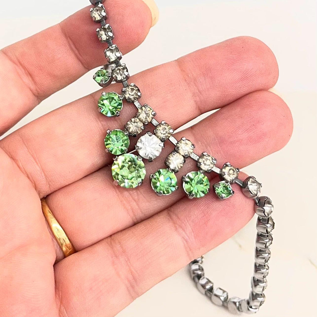 Vintage Clear & Green Uranium Glass Crystal Drop Necklace Silver Tone Metal UV Reactive Glow MillyOliverVintage
