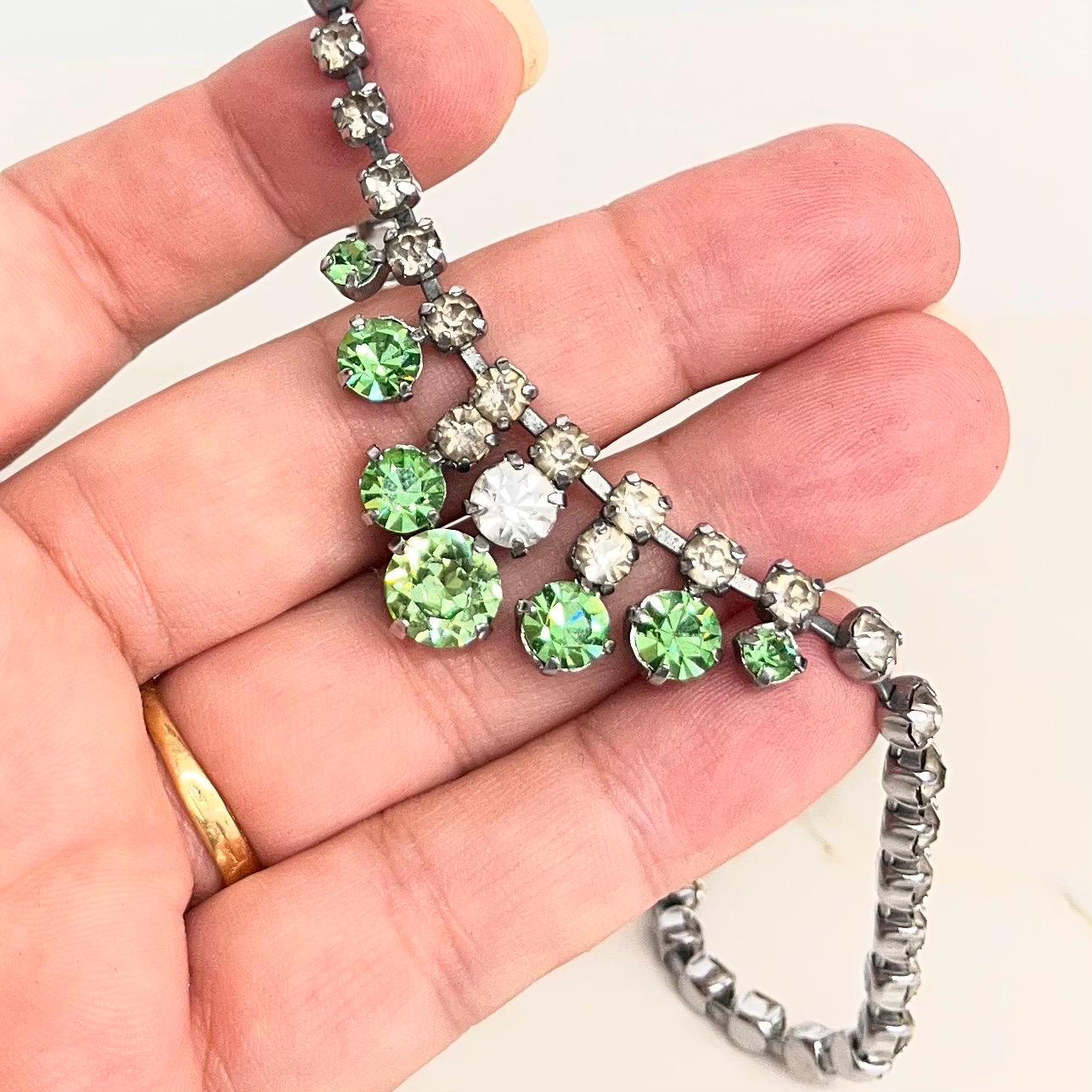 Vintage Clear & Green Uranium Glass Crystal Drop Necklace Silver Tone Metal UV Reactive Glow MillyOliverVintage
