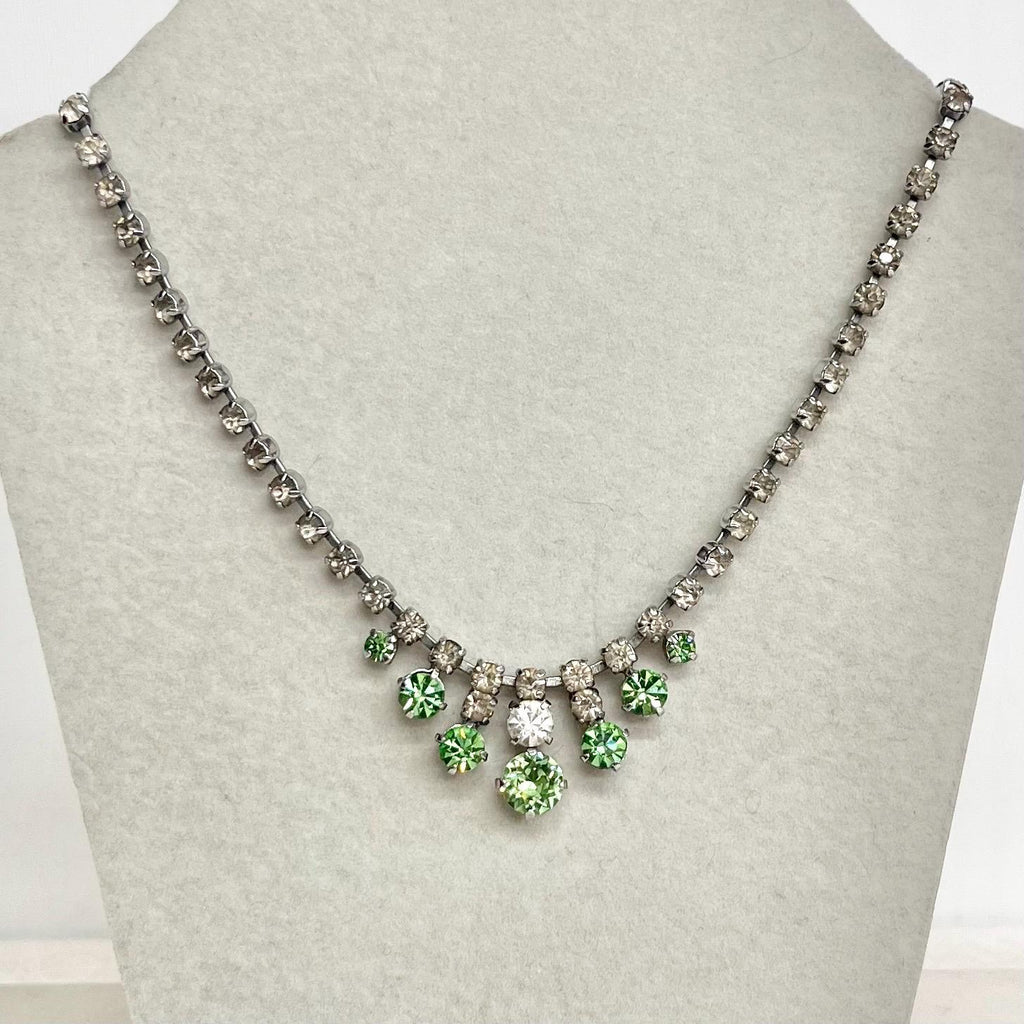Vintage Clear & Green Uranium Glass Crystal Drop Necklace Silver Tone Metal UV Reactive Glow MillyOliverVintage