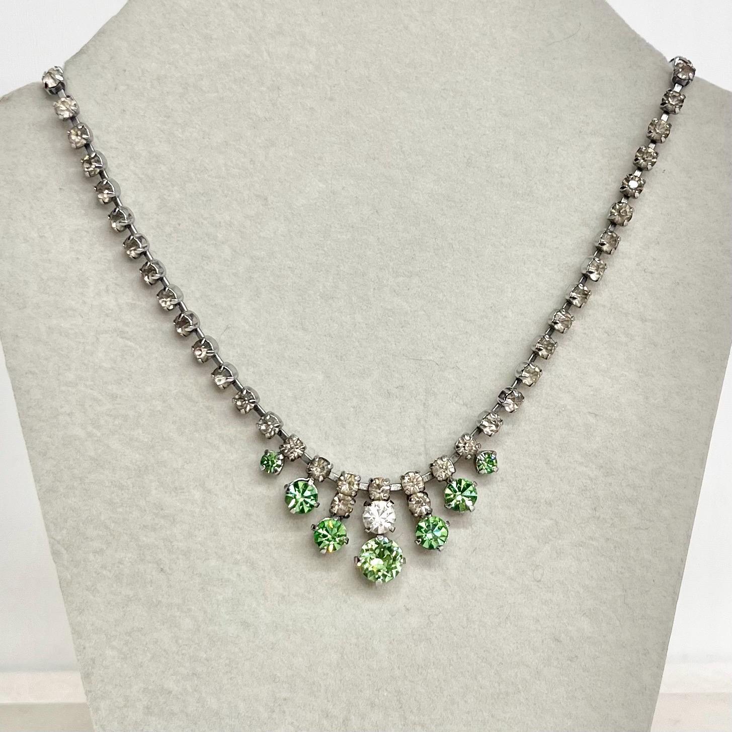 Vintage Clear & Green Uranium Glass Crystal Drop Necklace Silver Tone Metal UV Reactive Glow MillyOliverVintage