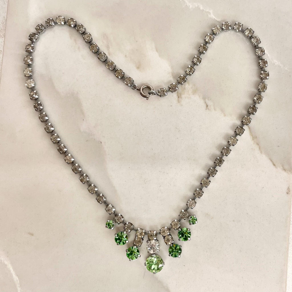 Vintage Clear & Green Uranium Glass Crystal Drop Necklace Silver Tone Metal UV Reactive Glow MillyOliverVintage