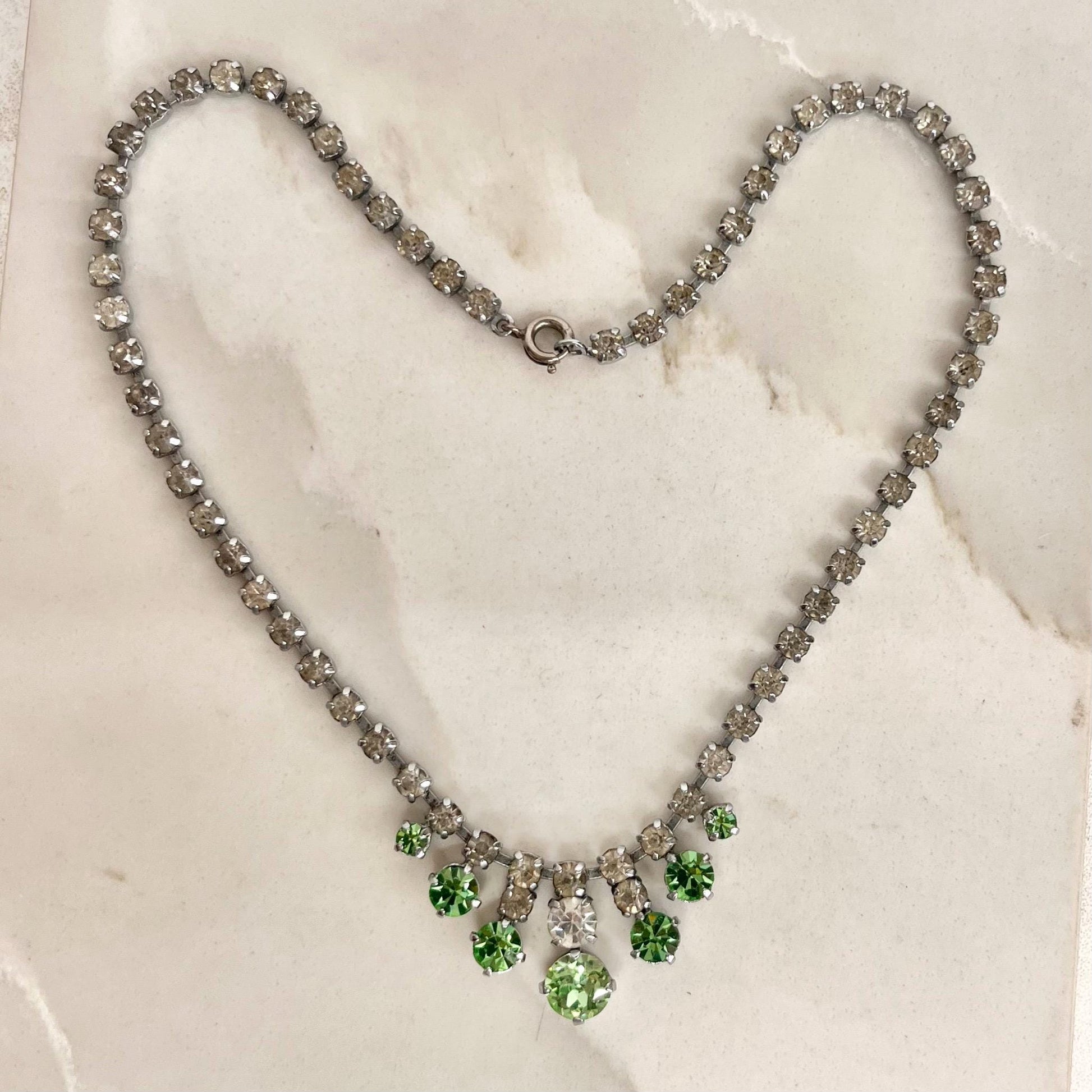 Vintage Clear & Green Uranium Glass Crystal Drop Necklace Silver Tone Metal UV Reactive Glow MillyOliverVintage