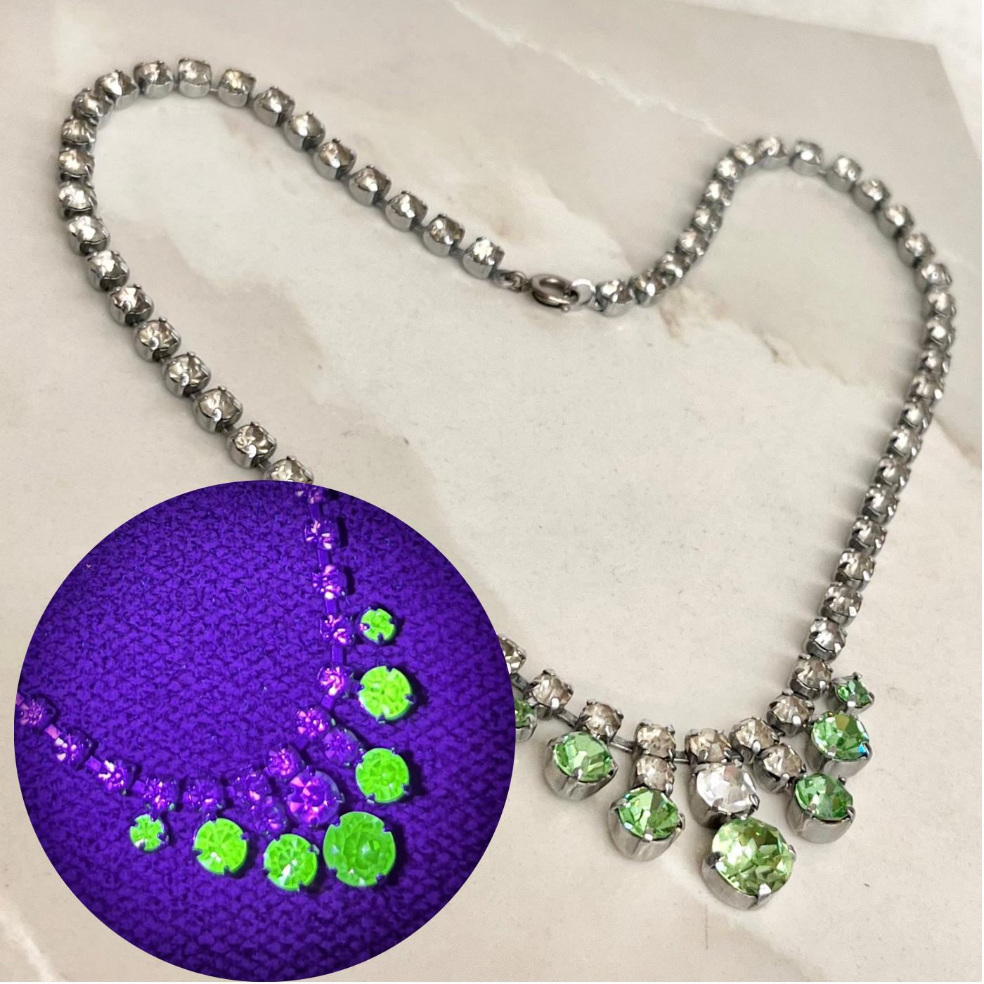 Vintage Clear & Green Uranium Glass Crystal Drop Necklace Silver Tone Metal UV Reactive Glow MillyOliverVintage