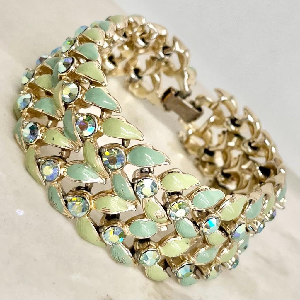 Vintage Aurora Borealis Green Uranium Glass Crystal Cuff Bracelet Light Gold Tone Metal UV Reactive Glow MillyOliverVintage