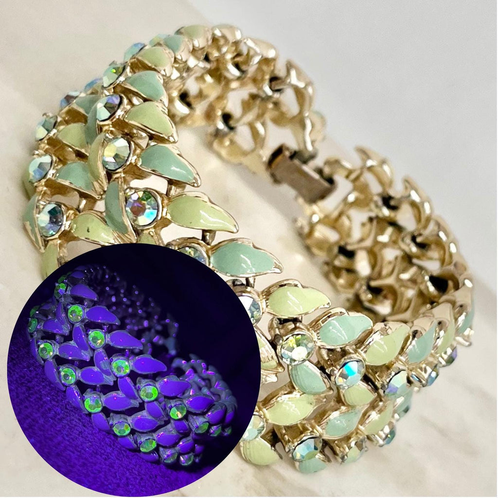 Vintage Aurora Borealis Green Uranium Glass Crystal Cuff Bracelet Light Gold Tone Metal UV Reactive Glow MillyOliverVintage