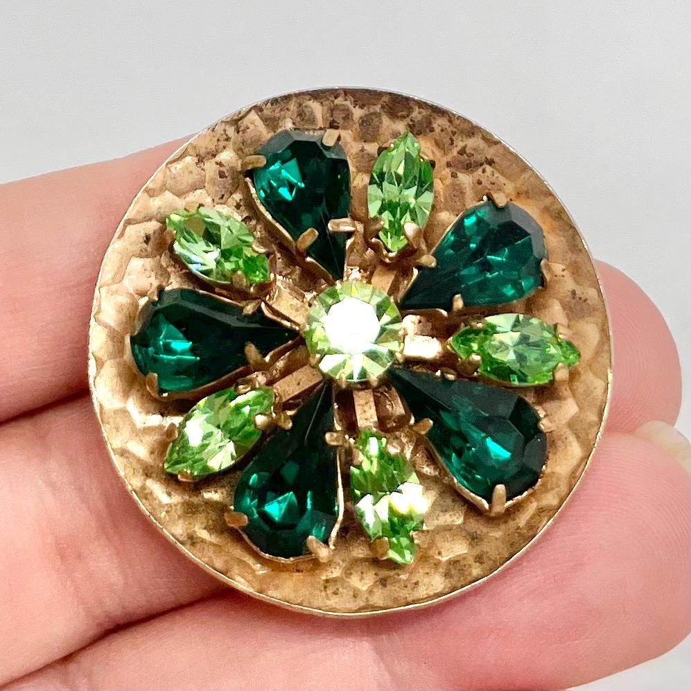 Vintage Green Uranium Crystal Round Brooch Hammered Gold Tone UV Reactive Rhinestone Jewellery MillyOliverVintage